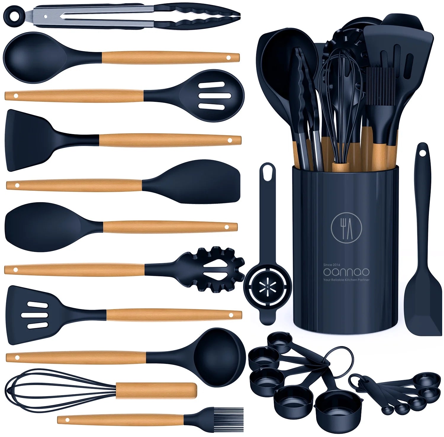 Silicone Cooking Utensils Set - Silicone Kitchen Utensils for Cooking Wooden Handles, 446°F Heat Resistant Kitchen Utensil Spatula Sets W Holder, Gadgets for Non-Stick Cookware BPA FREE (Navy Blue)