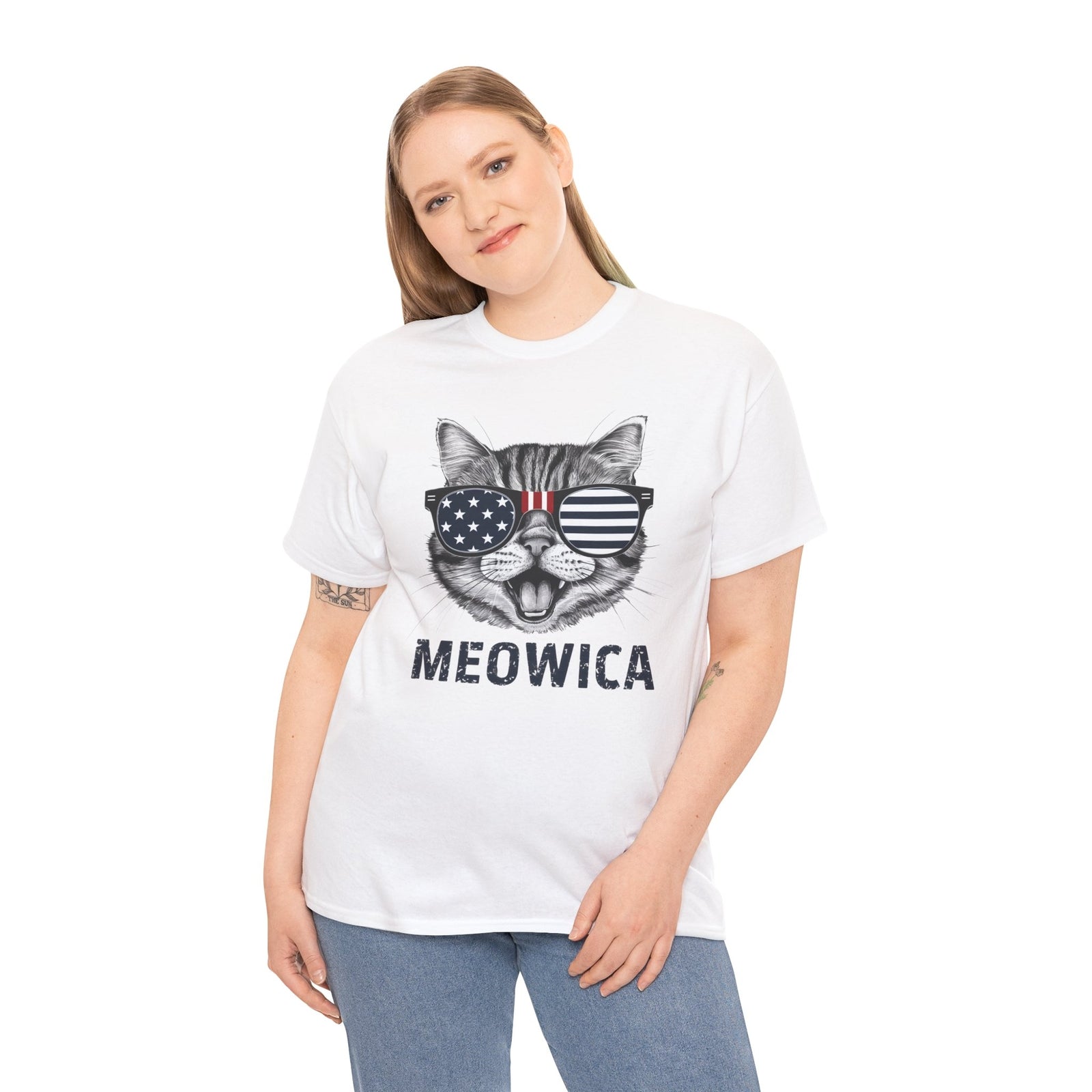 4Th of July Meowica American Flag USA T-Shirt - Novelty Cat Graphic Tee