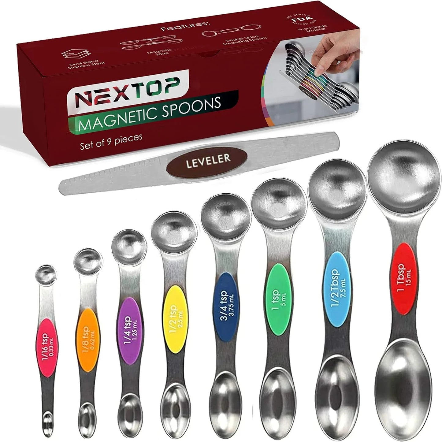 Magnetic Measuring Spoons 9-Pcs, Stainless Steel, Stackable, Measuring Teaspoon Set
