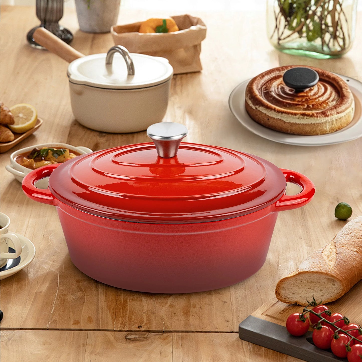 4.5 QT Enameled Cast Iron Oval Dutch Oven with Lid, Nonstick Cookware for Baking, Braising, Roasting, and Cooking,Red