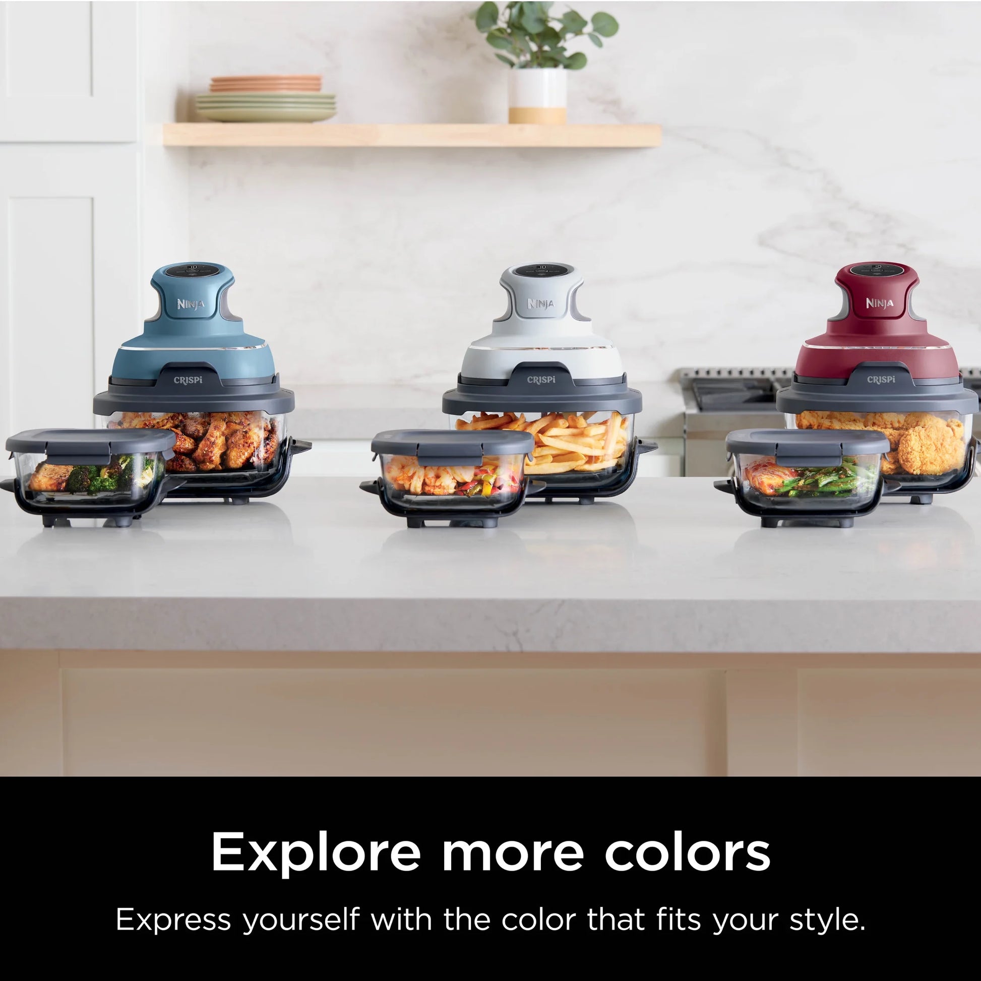 Crispi 3-In-1 Portable Glass Air Fryer Cooking System, 1500W, 4-Qt & 5-Cup Tempware Glass Containers with Storage Lids, Microwave, Freezer & Dishwasher Safe, White, FN100WH