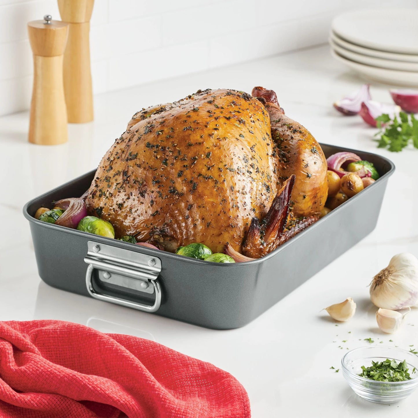 Bakeware Roasting Pan with Removable Flat Rack - 10.5X15 Inches, Dishwasher Safe, Oven-Safe to 450°F, Non-Stick Finish, Gray