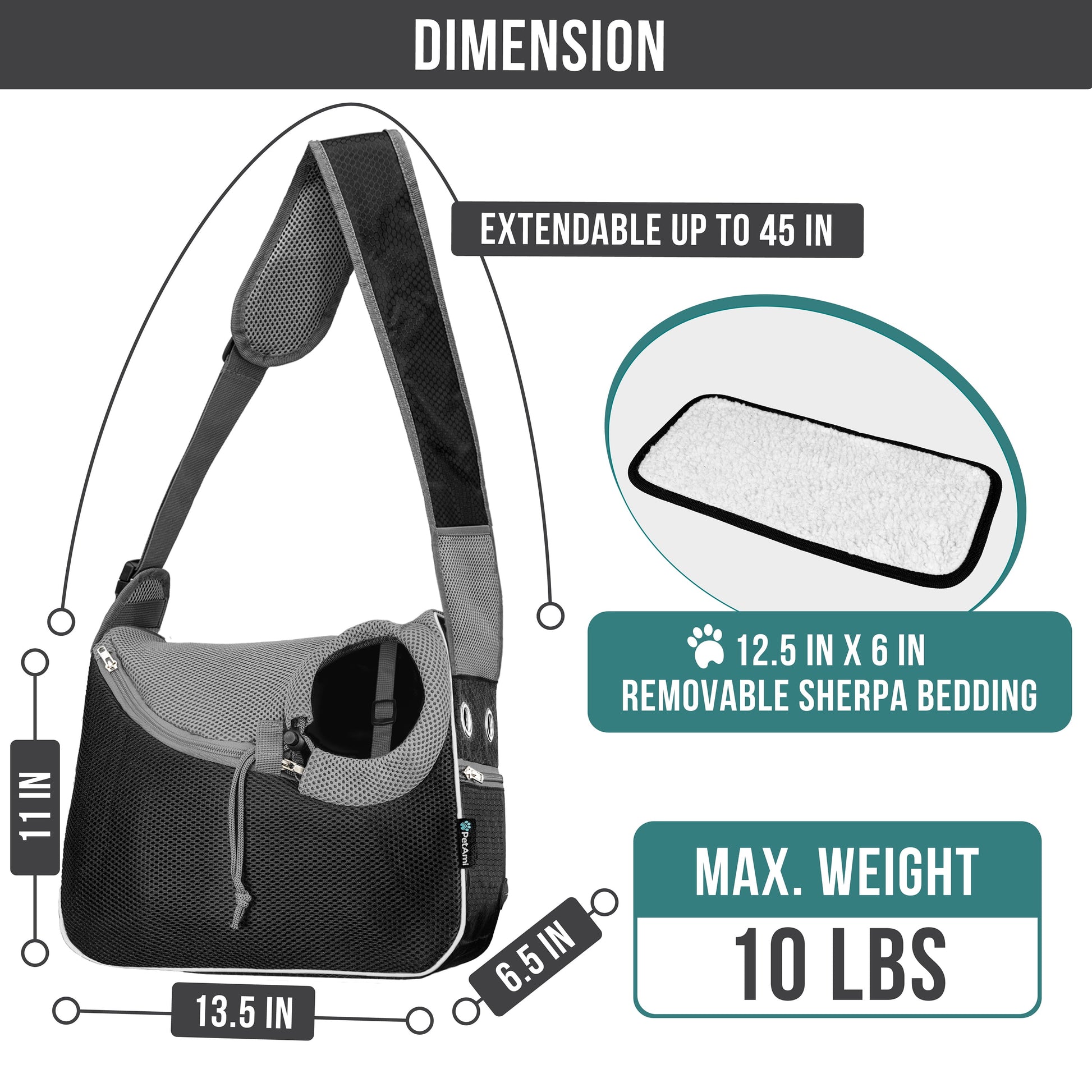 Small Dog Sling Carrier - Soft-Sided Crossbody Pet Pouch for Medium Dogs and Cats, Adjustable Travel Bag with Poop Bag Dispenser, Breathable Design, Black