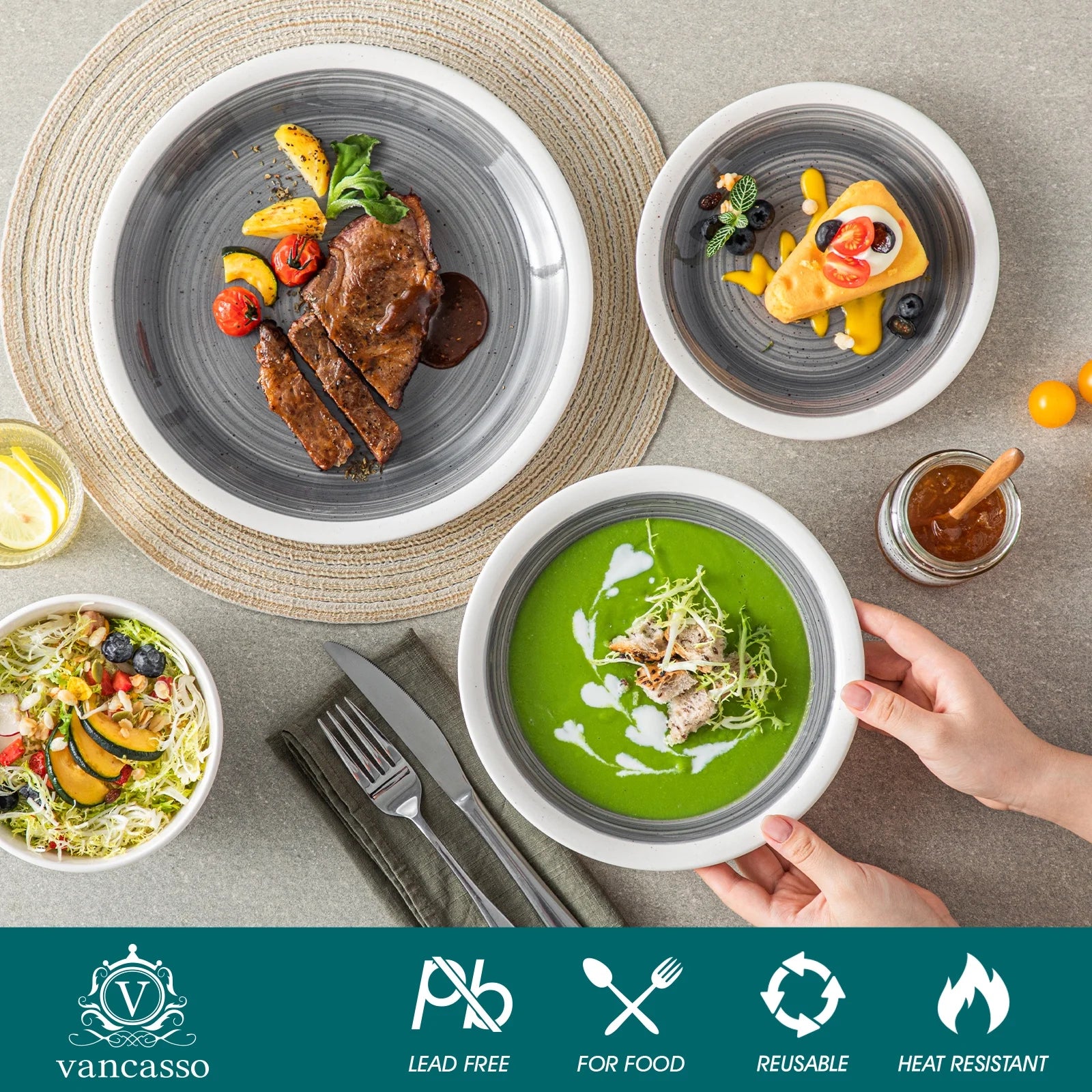 , Series ORI, 16-Piece Dinnerware Set, Stoneware Tableware Plate Set, Service for 4, Gray