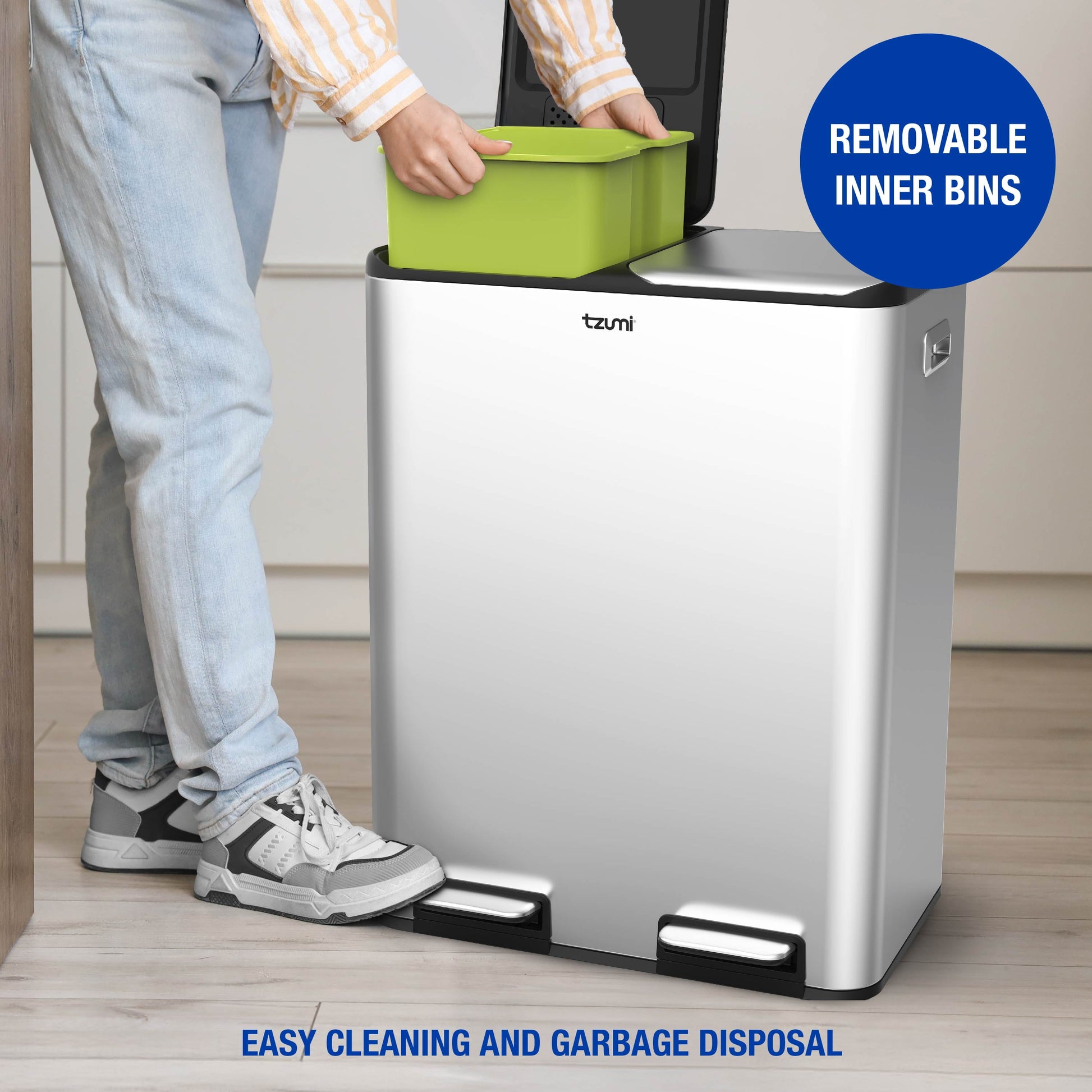 Dual-Compartment Recycling Bin Stainless Steel Trash Can for Kitchen, 16 Gallon Total