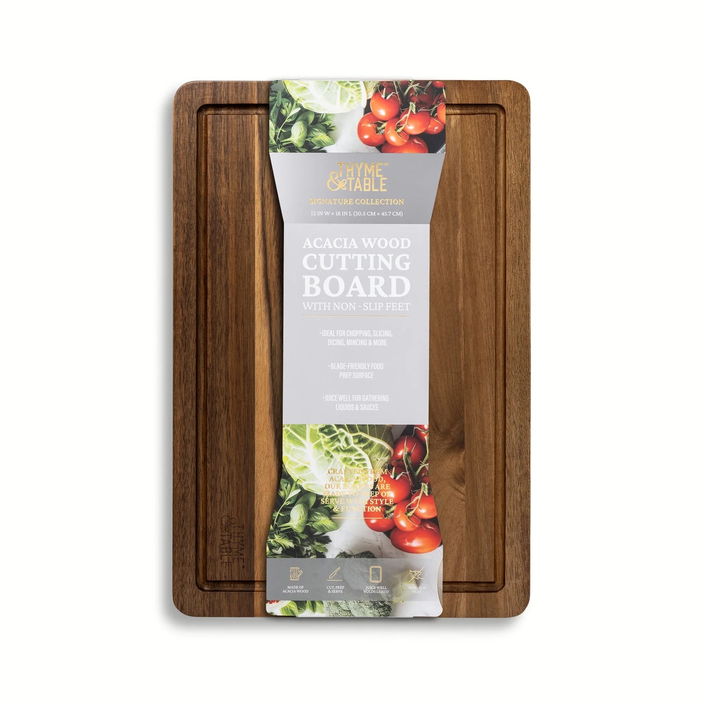 Large 12"X18" Acacia Wood Cutting Board with Triangle Shaped Anti-Slip Grips