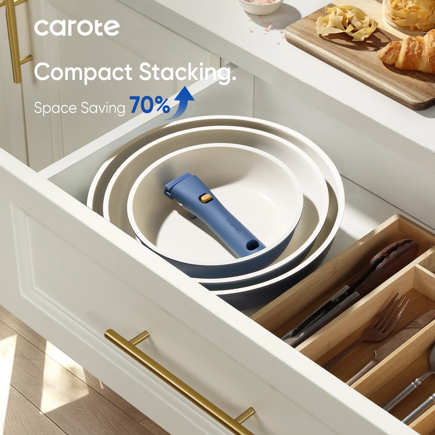 5-Piece Nonstick Cookware Set with Detachable Handles, Oven Safe and Induction Compatible, Stackable Kitchen Cooking Set in Navy Blue