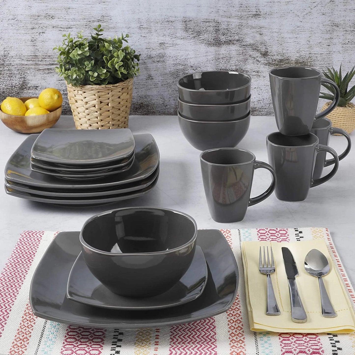 Soho Lounge Square 16-Piece Dinnerware Set, Gray