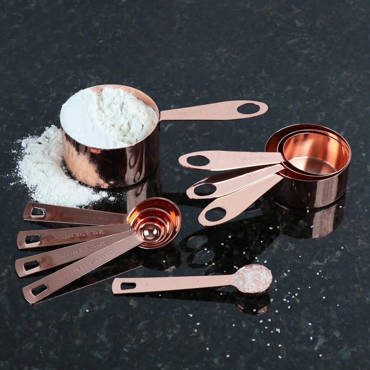 Copper Measuring Cups and Spoons Stainless Steel 9 Pieces with 2 Rings