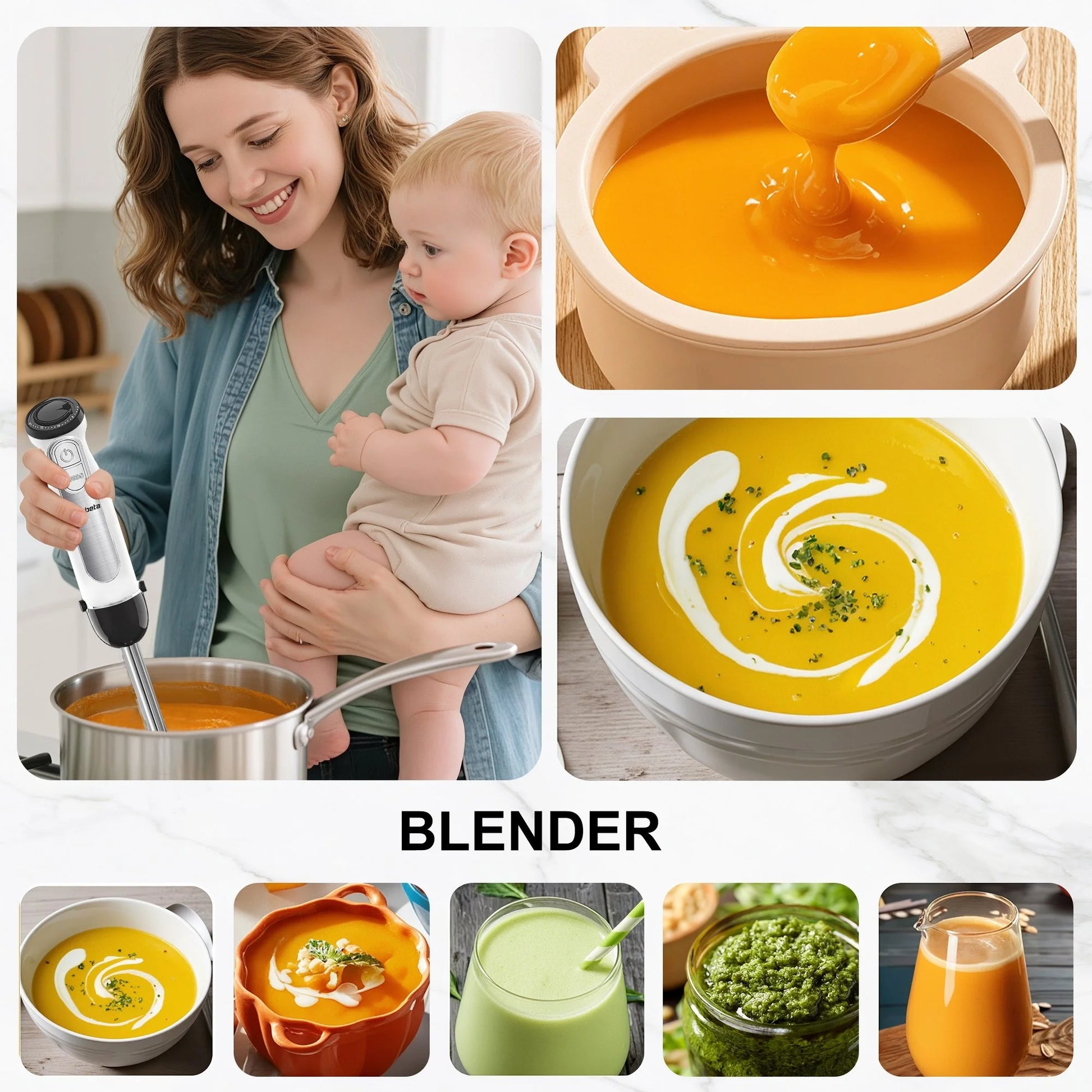 1100W Immersion Blender, 21-Speed Hand Blender with Turbo Mode, 5-In-1 Stick Blender for Smoothies, Baby Food, Soups, Purees, White