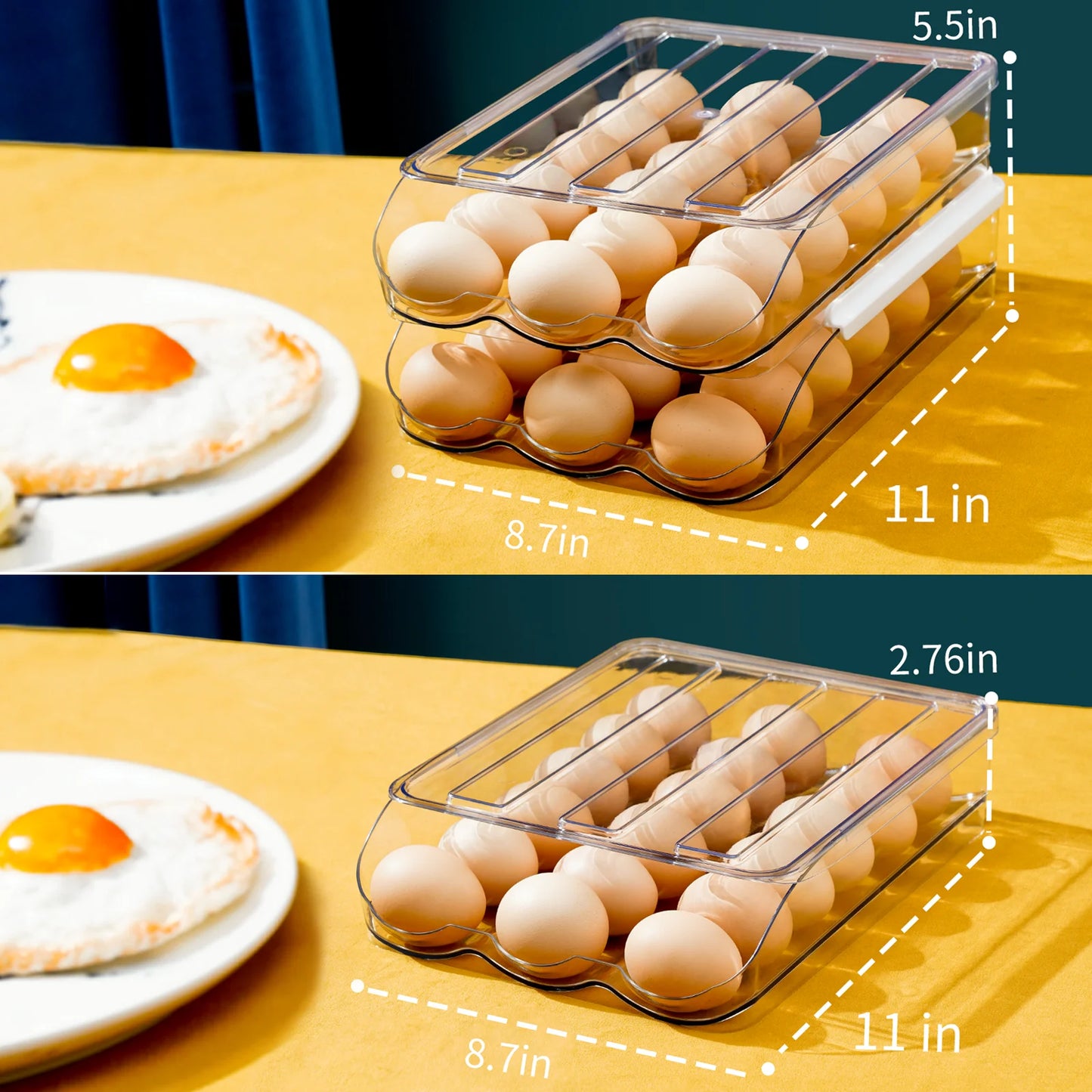 Fridge Egg Holder, 2 Layer Rolling Egg Cartons for Refrigerator, Refrigerator Egg Organizer with Lid, Clear Egg Dispenser, Egg Tray & Storage Container