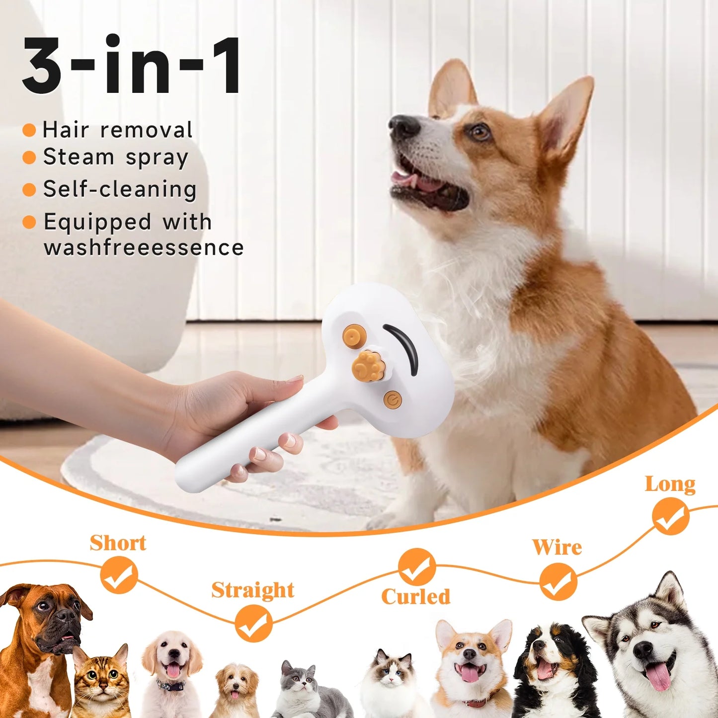 Professional Pet Steam Grooming Brush for Dogs and Cats - 3-in-1 Shedding and Hair Removal Tool with Self-Cleaning Spray Comb and Mist for Long-Haired Pets - Includes Waterless Shampoo