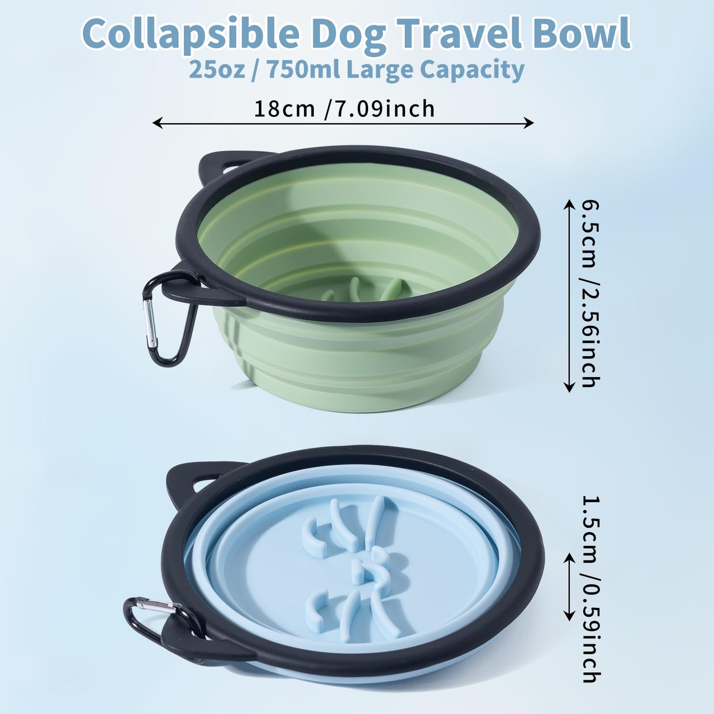 2Pack Silicone Collapsible Dog Bowls, Cute Pet Ear Shape and Cat Graphic Travel Water Bowl Full of Pet Atmosphere 25oz Portable Feeder for Small Large Dog Walking Hiking Camping (Light Blue and Green)