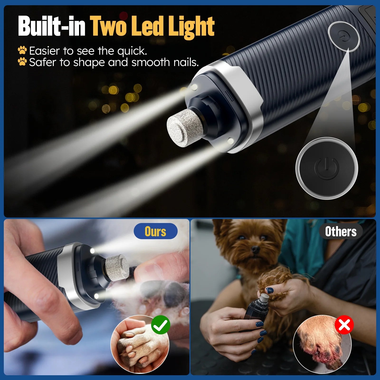 Dog Nail Grinder, Pet Nail Trimmer for Dog Cat W/Lights, Low Vibration, LCD Display, Quiet 3 Speeds Electric Pet Nail Polisher, Clipper Grooming Tool for All Breed