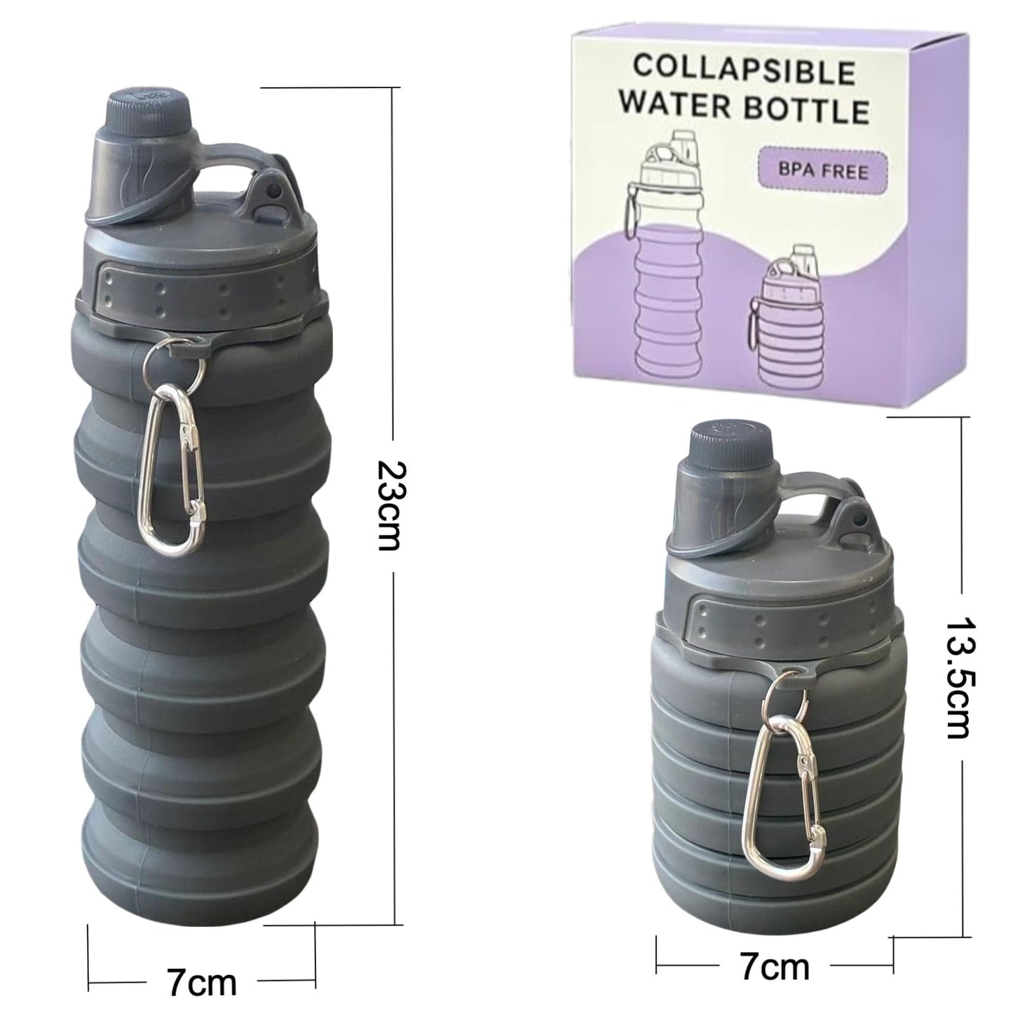 YCTMALL Collapsible Water Bottles Two Pack Travel Sports Portable Sport Water Bottle comes with mountaineering Buckle 500ml silicone Water-proof camping water bottle (Purple and Grey Color)