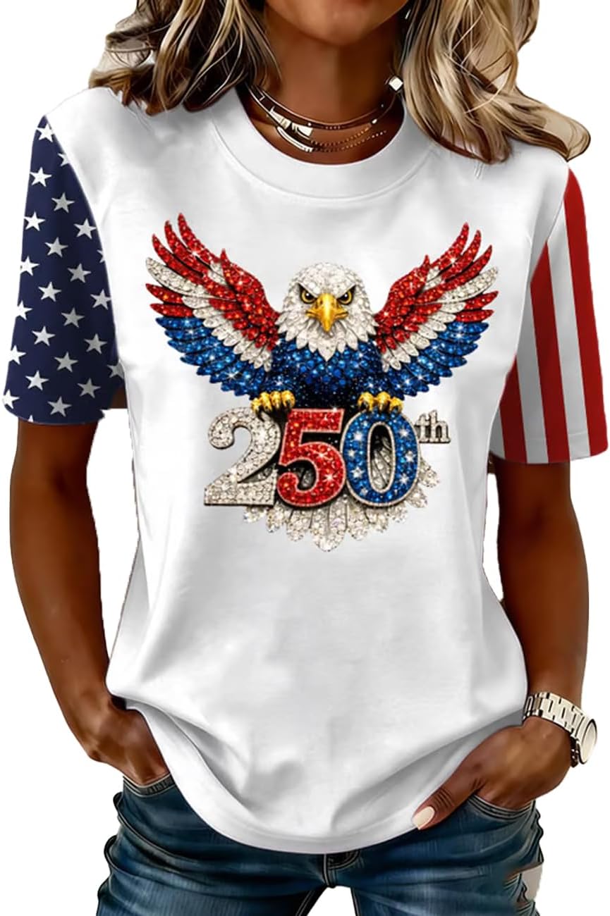Women's 250th Anniversary Print Shirt Bald Eagle and USA Flag 250 Years 1776 2026 250Th Birthday Shirts Freedom Sequin American Flag Patriotic Merchandise Independence Day Tops