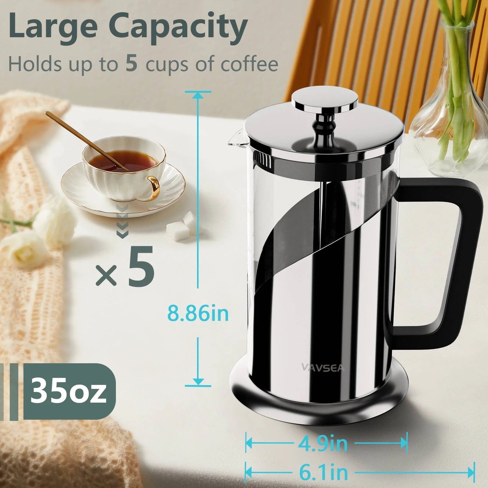 Double Wall French Press Coffee Maker, 35Oz Coffee Press with Thicken Borosilicate Glass & 304 Stainless Steel for Travel & Home Use, Dishwasher Safe, Silver