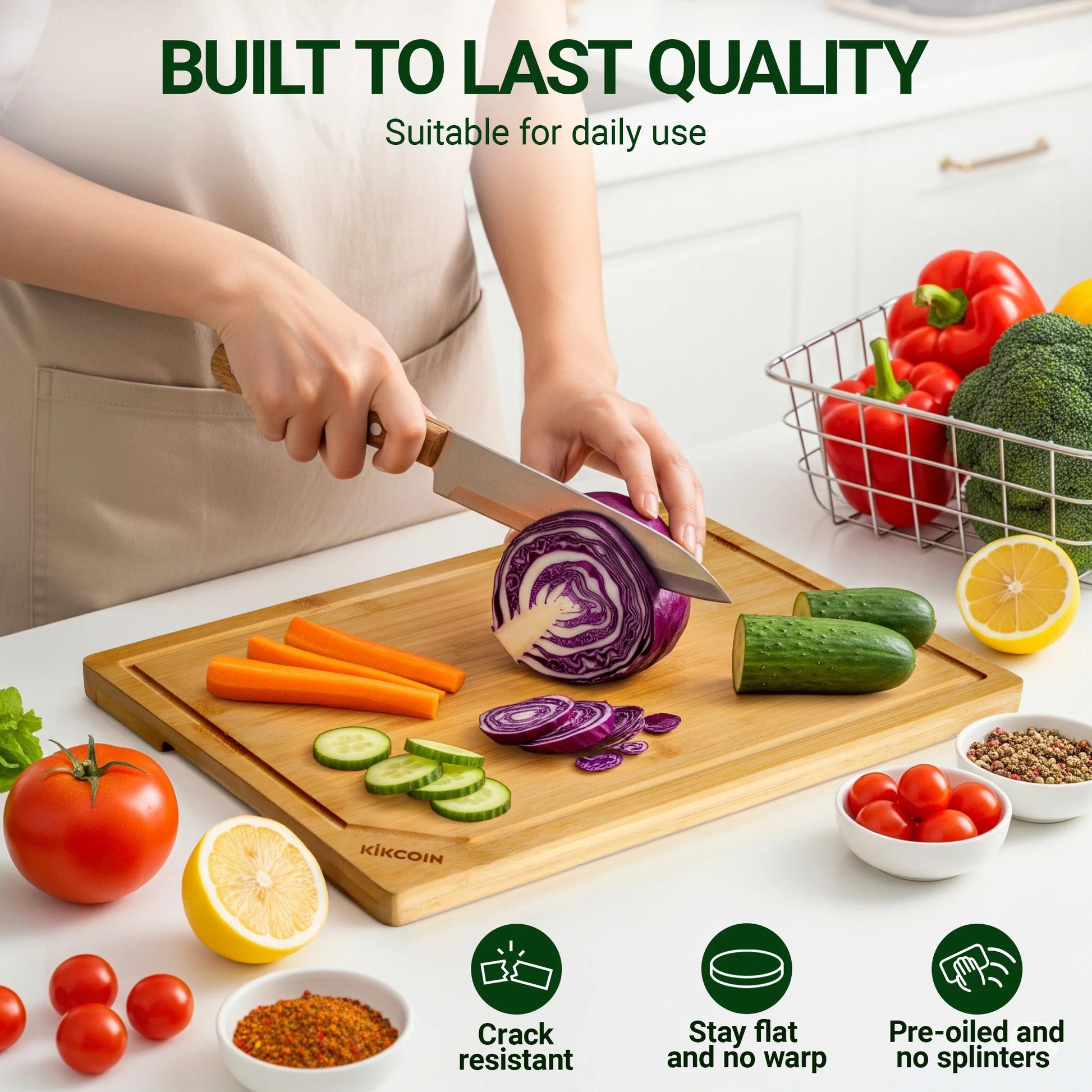 Bamboo Cutting Boards for Kitchen, with Deep Juice Groove and Inner Handle, 17.1" X 11.4"