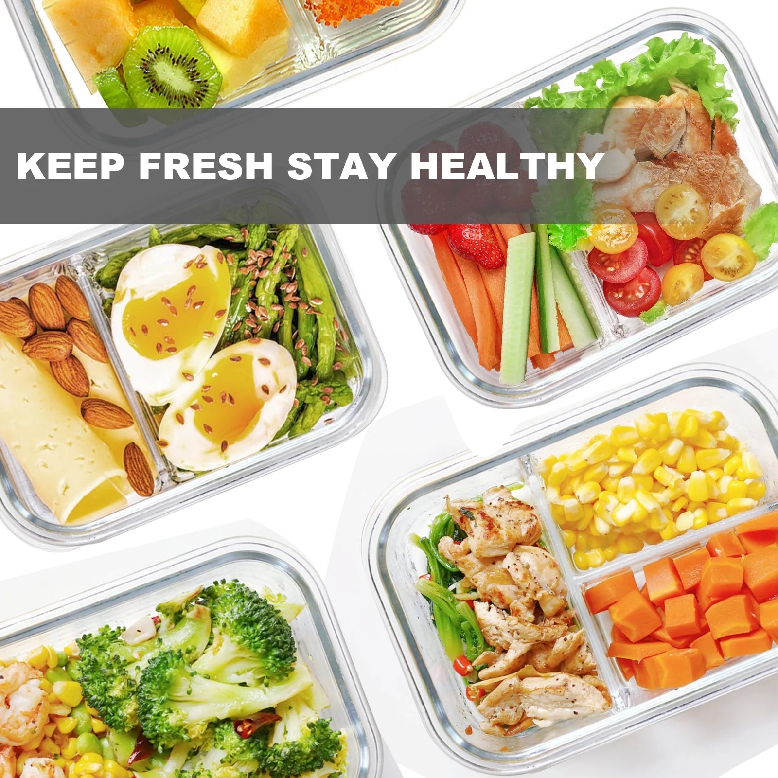 8 Pcs Glass Food Storage Containers with Lids, 2 & 3 Compartment Glass Airtight Meal Prep Containers (4 Containers & 4 Lids), Oven & Freezer Safe, Leak Proof - Grey