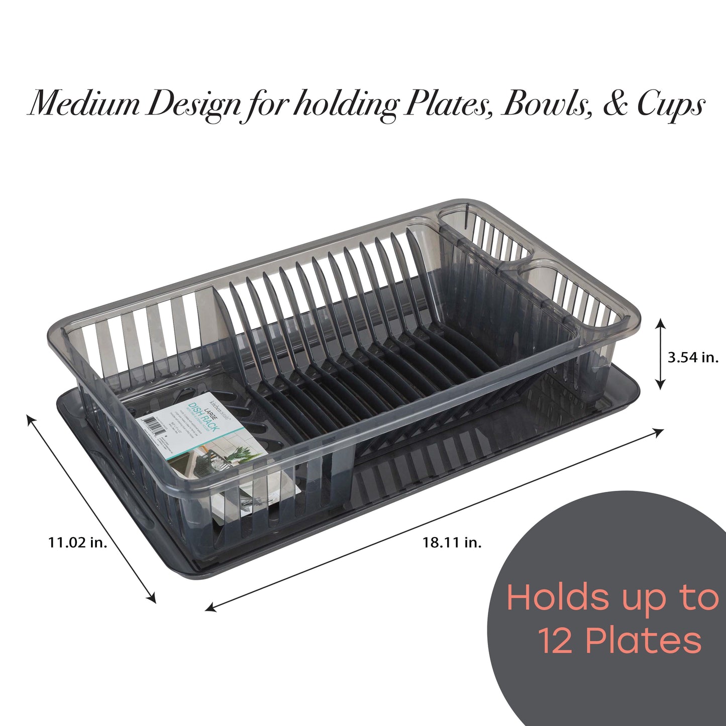 Medium Dish Rack with Tray in Smoke Grey 18.11 in X 11.02 In