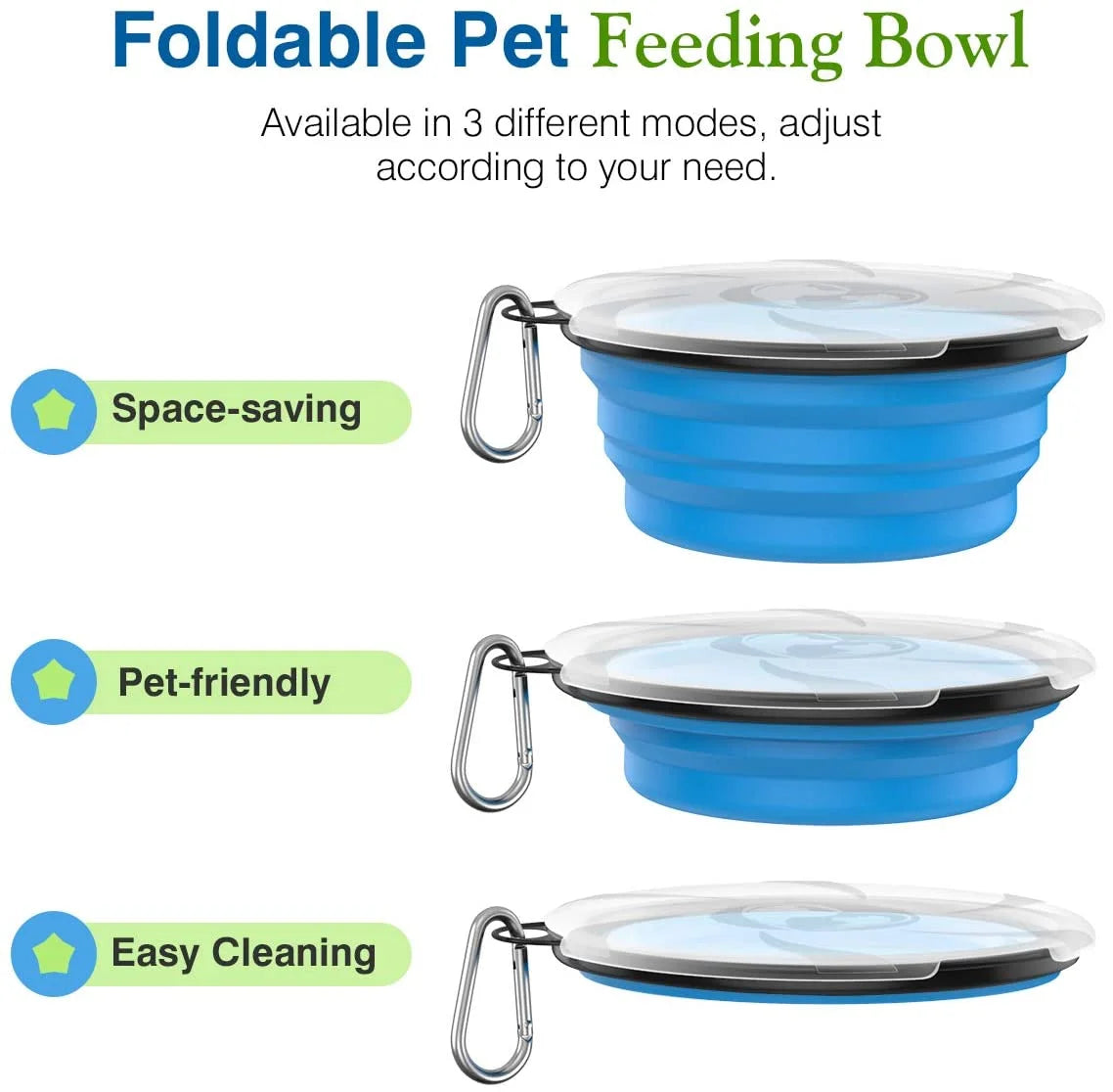 Collapsible Dog Bowls 2 Pack, Silicone Feeding Watering Bowls with Lids & Carabiners for Dogs Cats, Portable Water Feeder Food Bowl for Walking Traveling Home Use, 1000Ml, Blue + Green