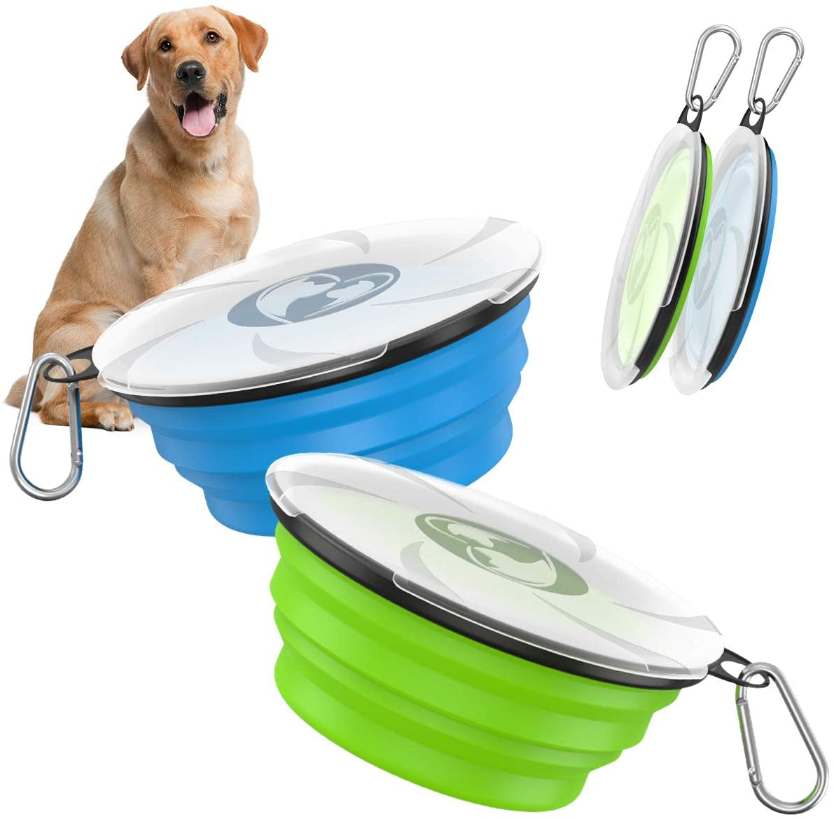 Collapsible Dog Bowls 2 Pack, Silicone Feeding Watering Bowls with Lids & Carabiners for Dogs Cats, Portable Water Feeder Food Bowl for Walking Traveling Home Use, 1000Ml, Blue + Green