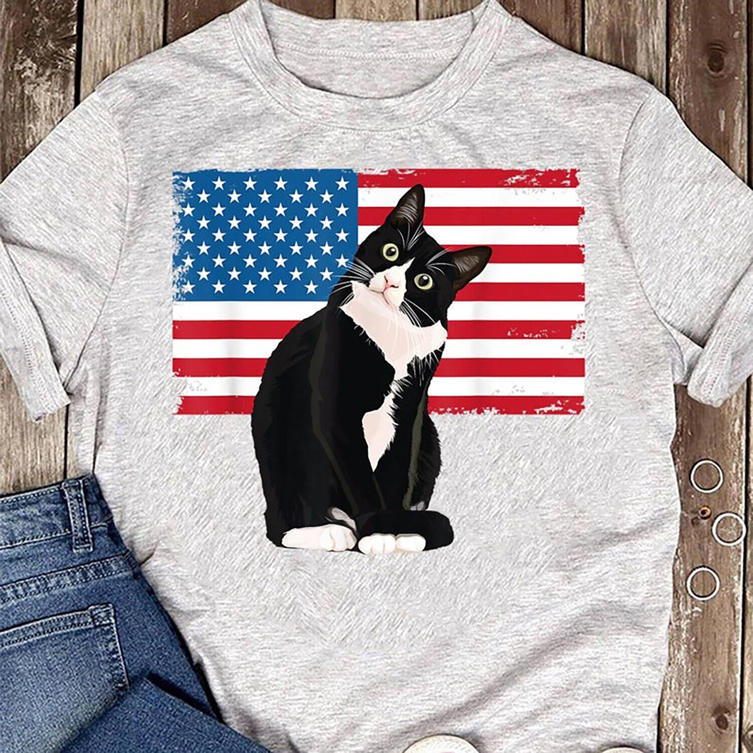 Tuxedo Cat Tshirt 4Th of July Patriotic Tee Gift Adults Kids T-Shirt- Cat Lov...
