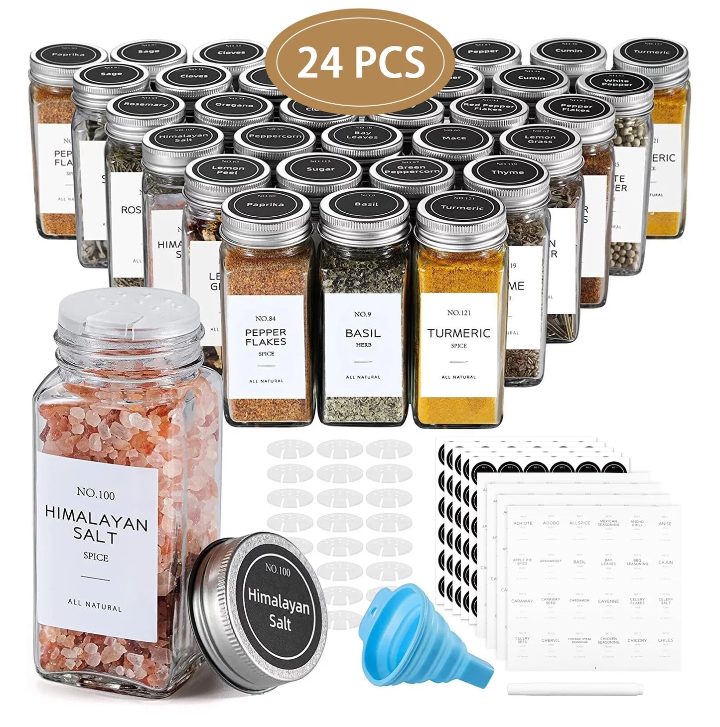 24 Pcs Glass Spice Jars/Bottles - 4Oz Empty Square Spice Containers with 8 Spice Labels - Shaker Lids and Airtight Metal Caps