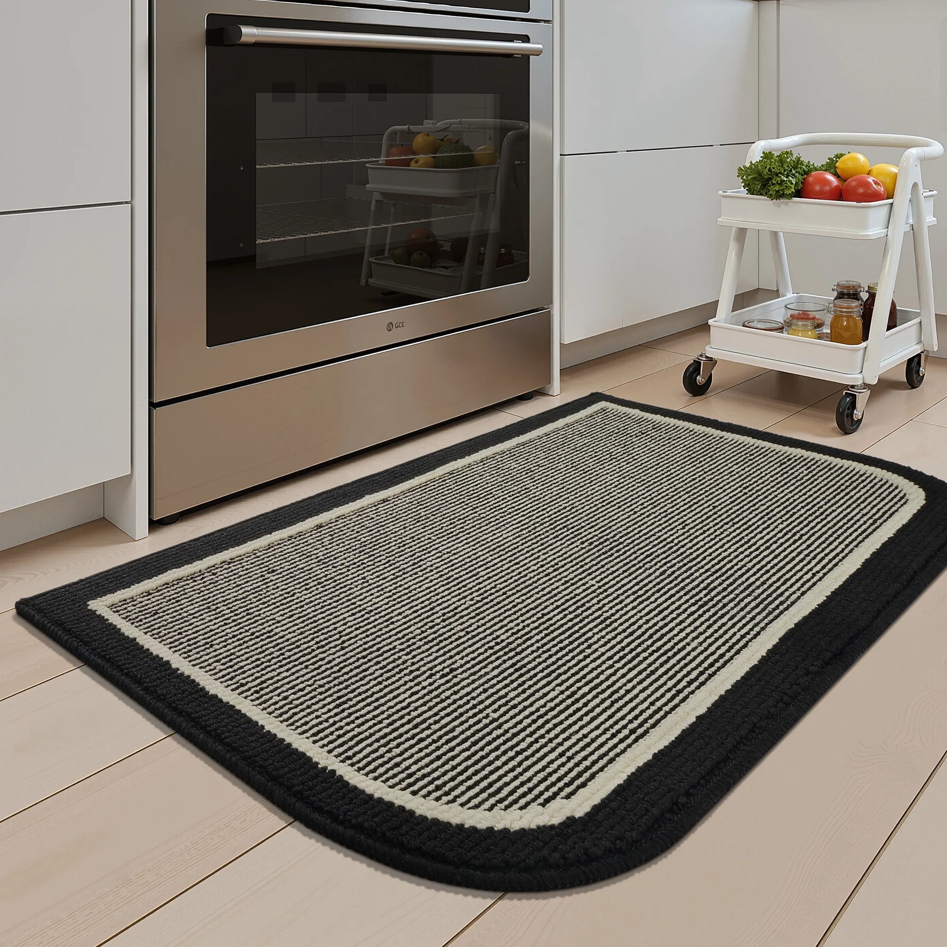 Non-Slip Kitchen Rug, Washable 20"X32" Twill Floor Mat, Half Circle Design for Sink, Laundry, Black