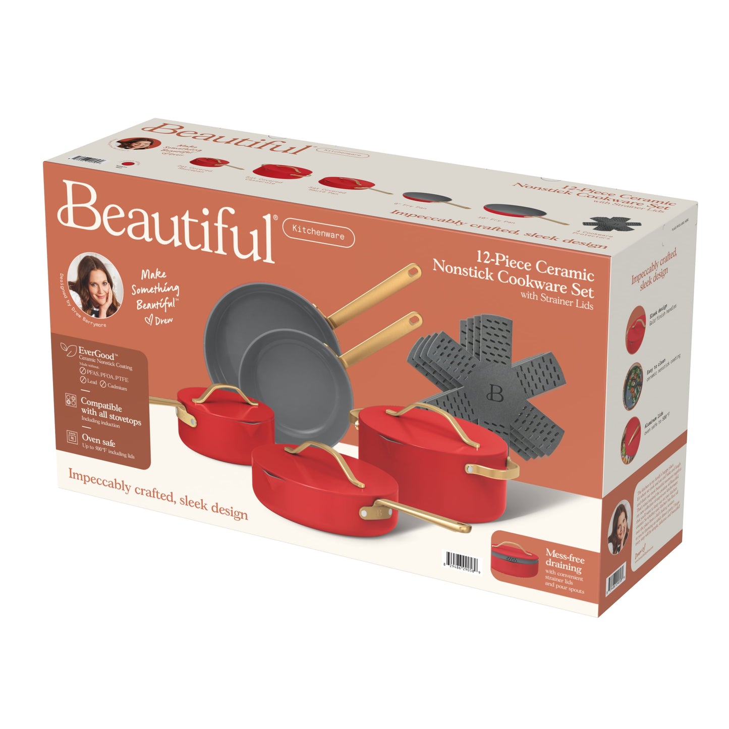 12-Piece Ceramic Nonstick Cookware Set with Strainer Lids in Tomato Red by Drew Barrymore