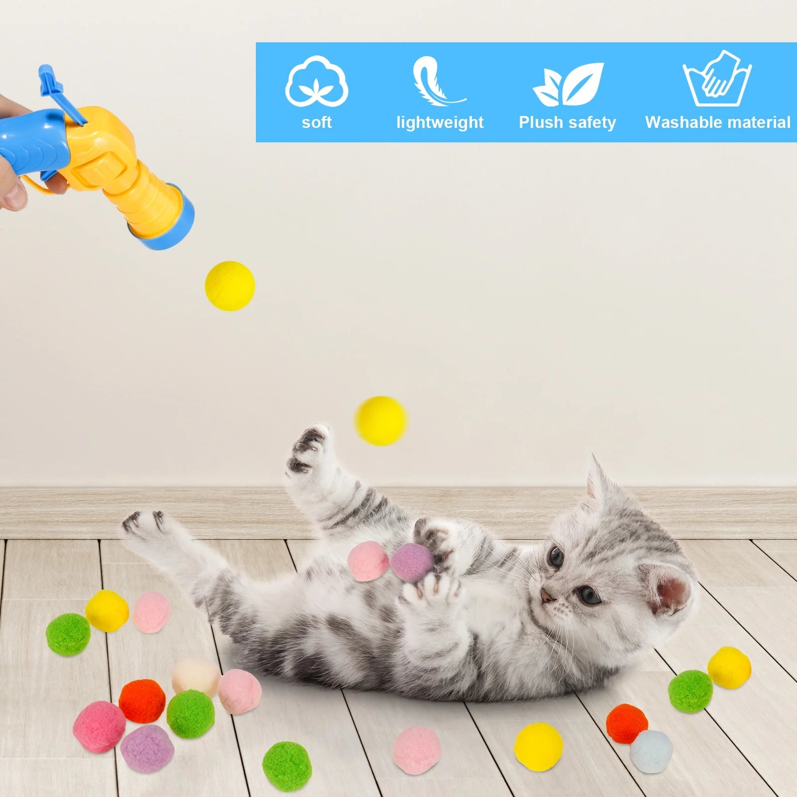 2 Pack Cat Toy Plush Ball Launcher Gun, Plush Ball Shooting Gun for Cats with 100 Pcs Pom Pom Ball for Indoor Cats