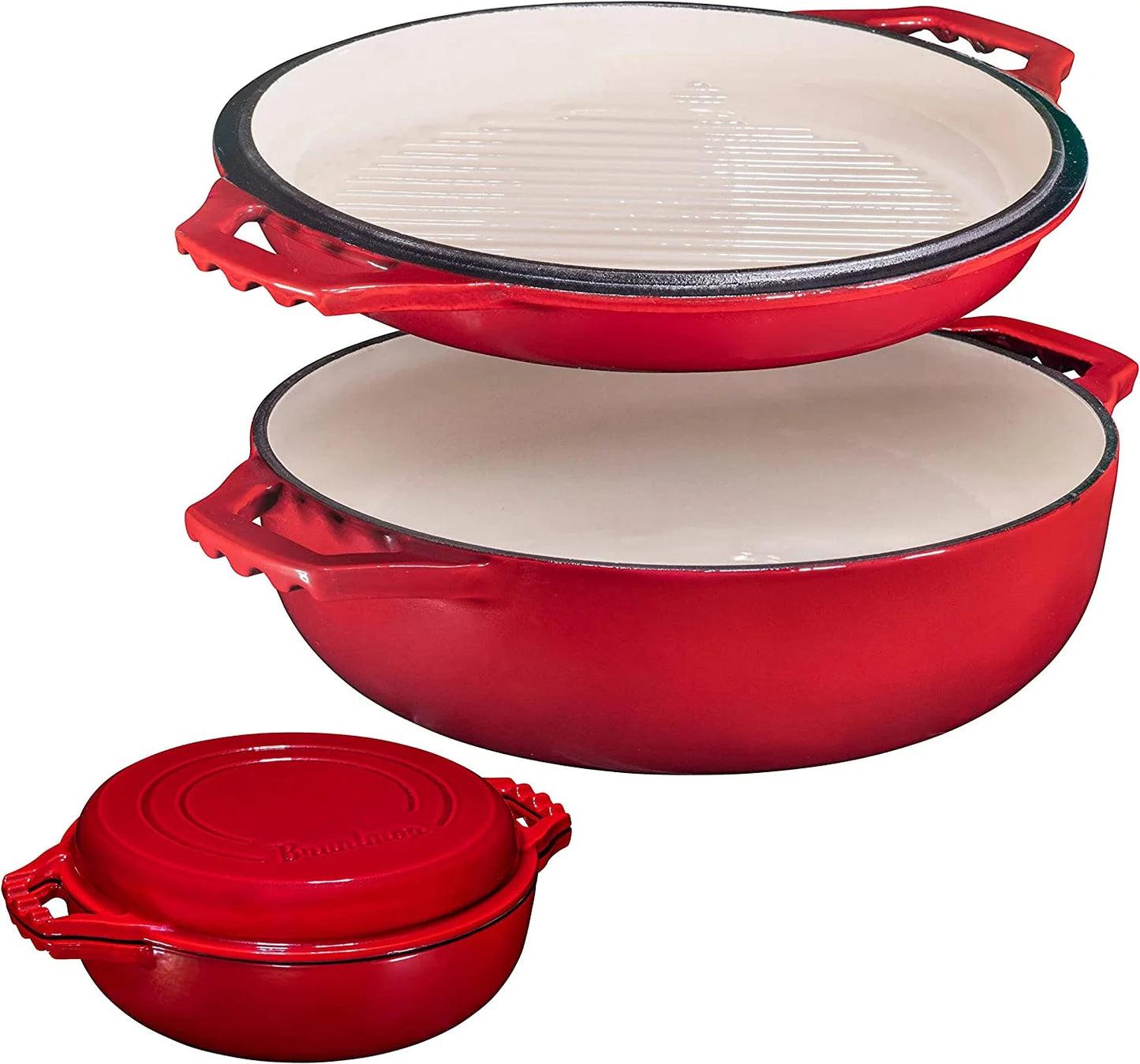| 2-In-1 Enameled Cast Iron Cocotte Double Braiser Pan with Grill Lid