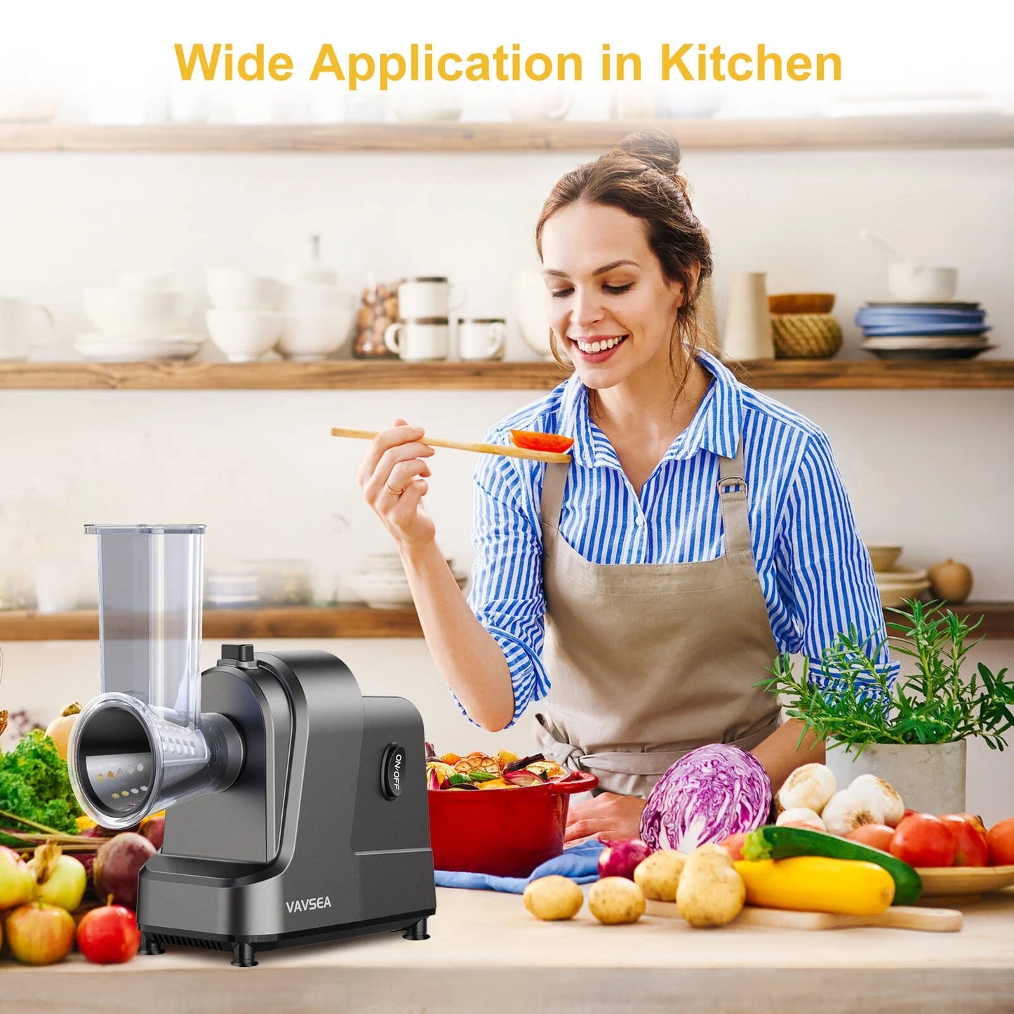 5-In-1 Electric Cheese Grater, 400W Electric Cheese Shredder with 5 Stainless Blades, Salad Maker with One-Touch Control for Cheese, Vegetables and Fruits