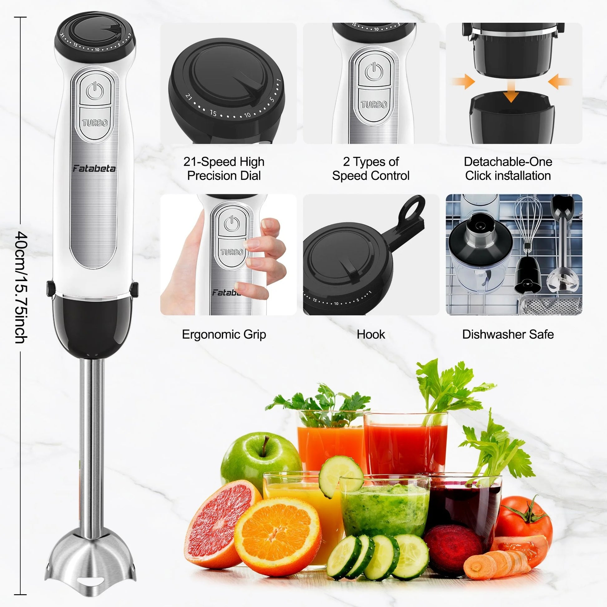 1100W Immersion Blender, 21-Speed Hand Blender with Turbo Mode, 5-In-1 Stick Blender for Smoothies, Baby Food, Soups, Purees, White