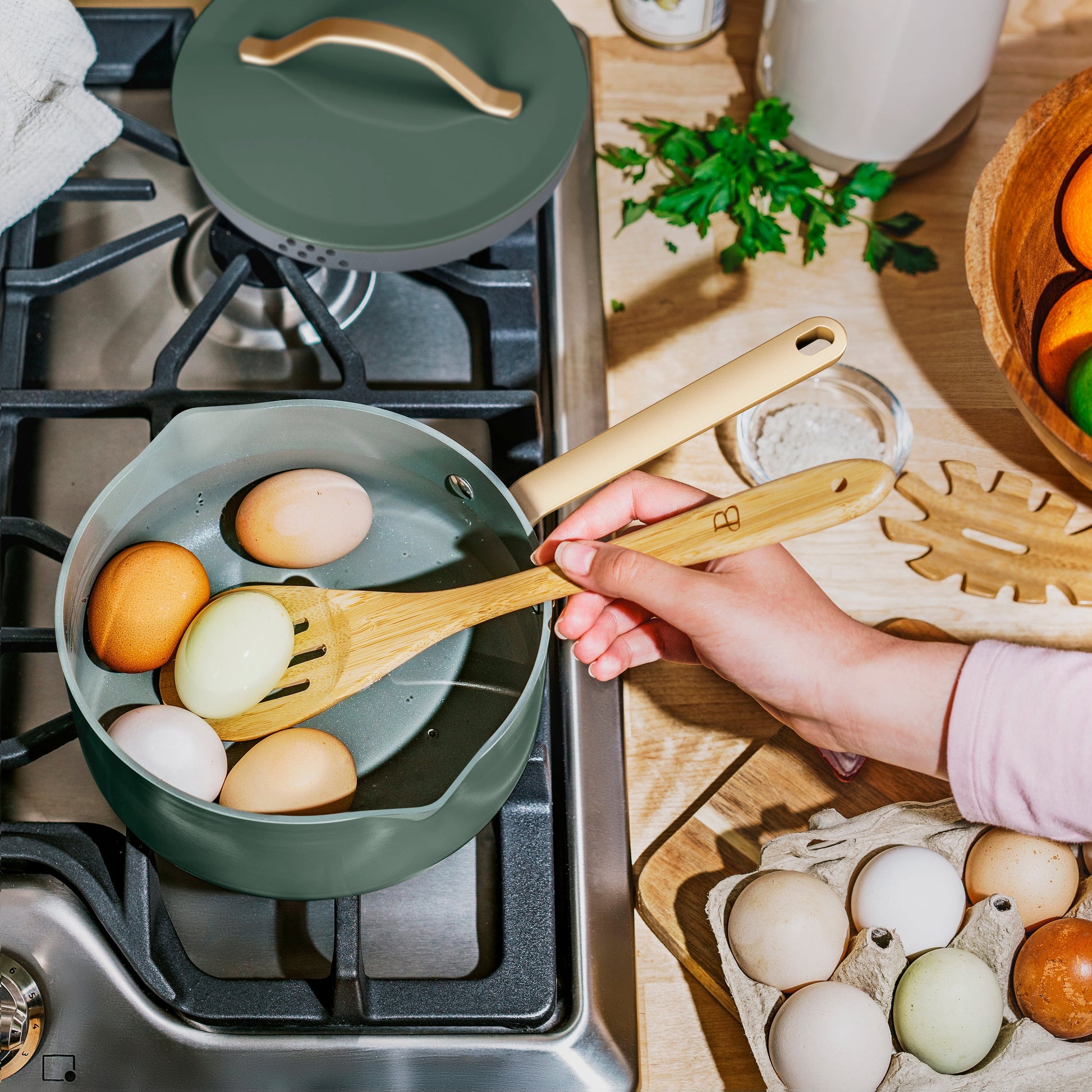 12Pc Ceramic Non-Stick Cookware Set, Pots and Pans with Strainer Lids, Thyme Green by Drew Barrymore