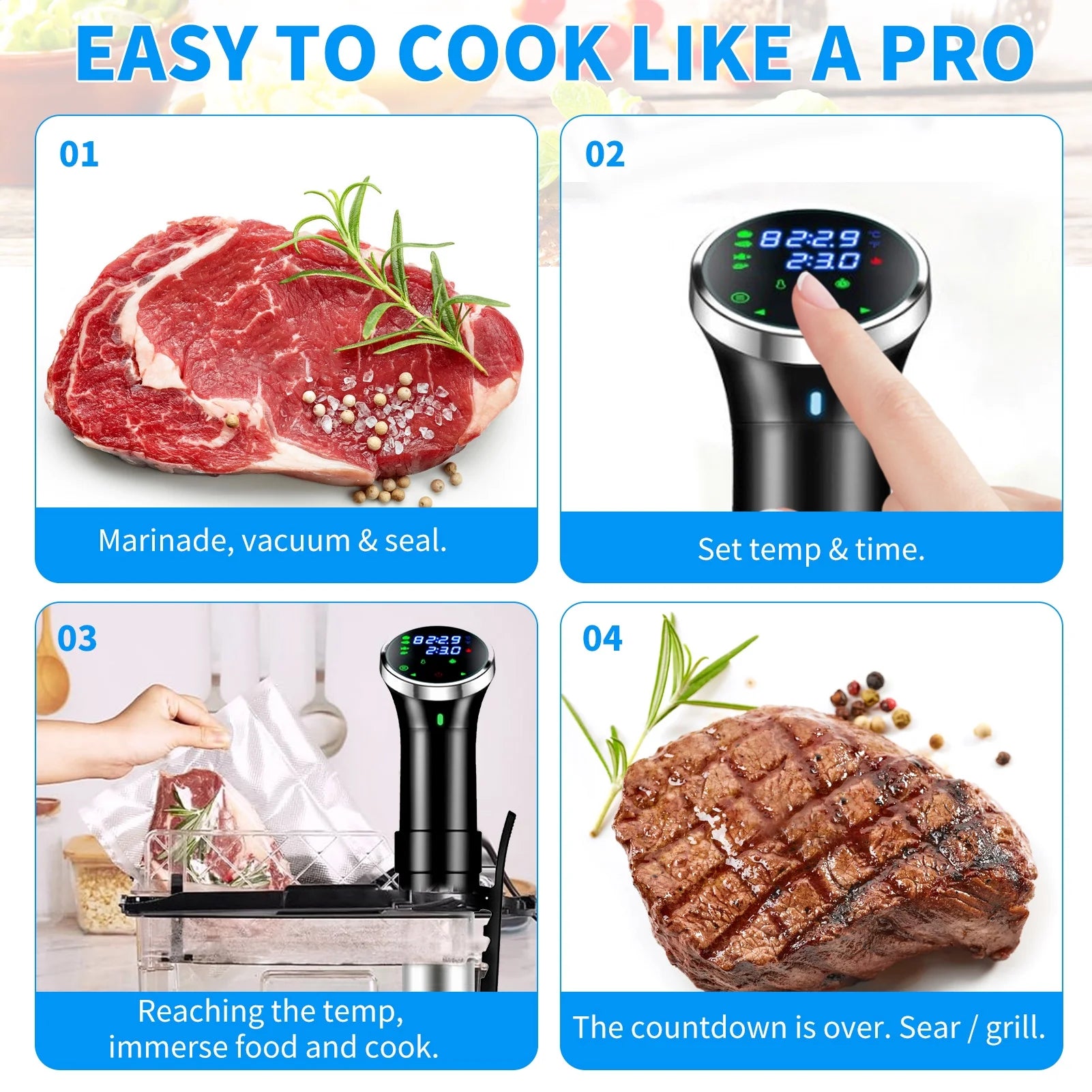 Upgraded Version Sous Vide Machines,1100W One-Touch Control Menu Precision Cooker, Waterproof Immersion Circulator with Digital Touch Screen and Accurate Temperature Time Control