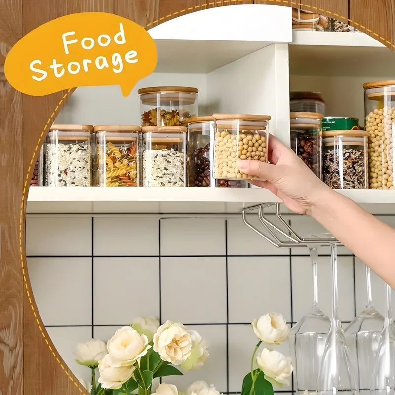 12 Square Glass Spice Jars with Natural Bamboo Lids - Sealed Herb Containers with Pre-Printed Waterproof Minimalist Spice Labels - Suitable for Empty Small Seasoning Jars in Kitchen Food Pantries.