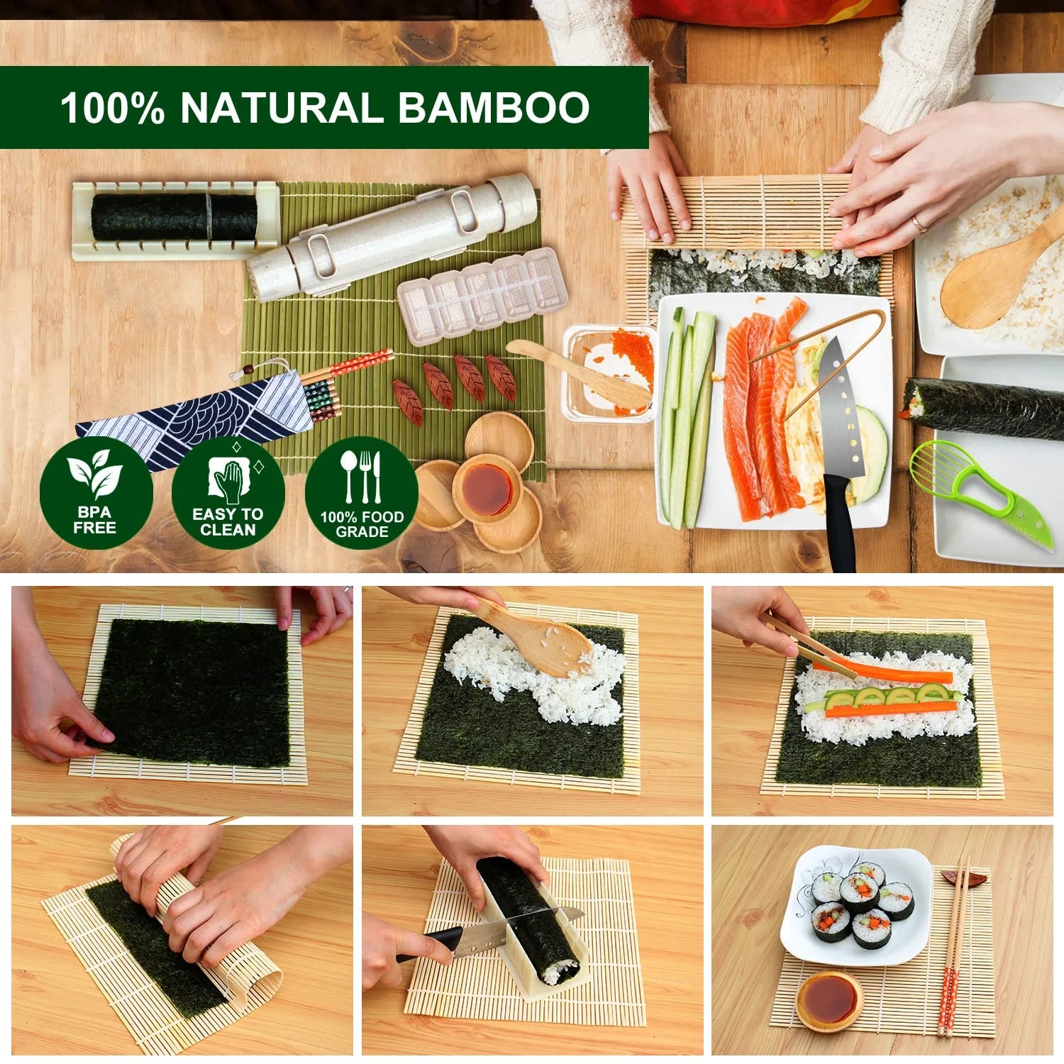 Sushi Making Kit, 23 in 1 Bamboo Sushi Maker Bazooka Sushi Roller Kit with Mat, Sushi Knife, Tweezers, Chopsticks and Holder, Mold, Dishes, Spreader Knife, Avocado Slicer, Bag