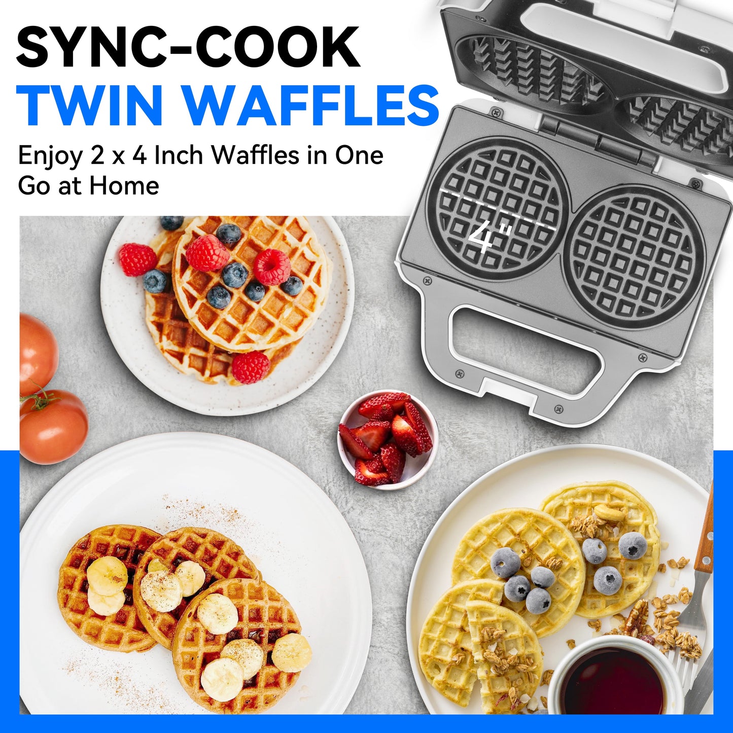 Double 4 Inch Waffle Maker, Electric round Waffle Machine, Brush Included, White