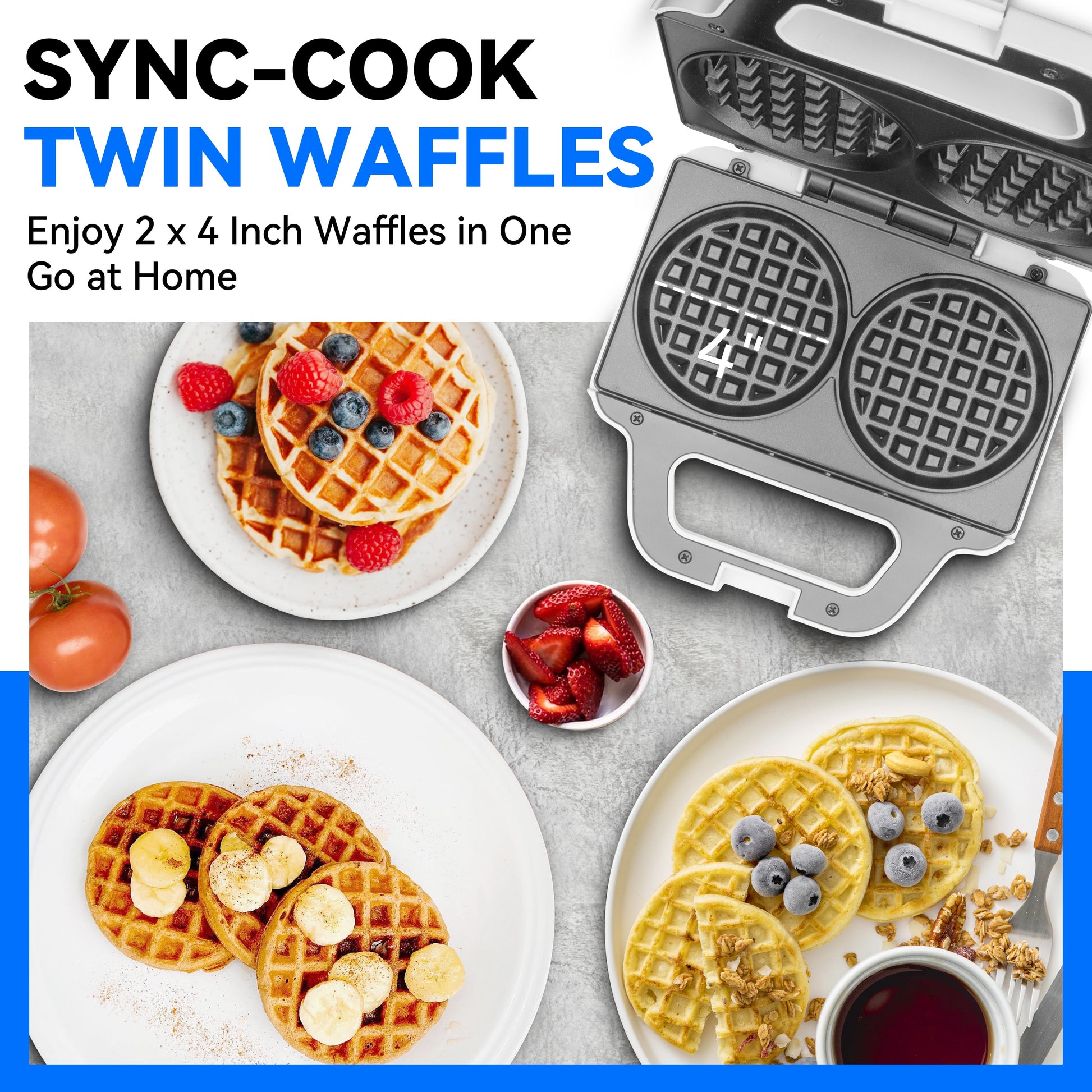 Double 4 Inch Waffle Maker, Electric round Waffle Machine, Brush Included, White