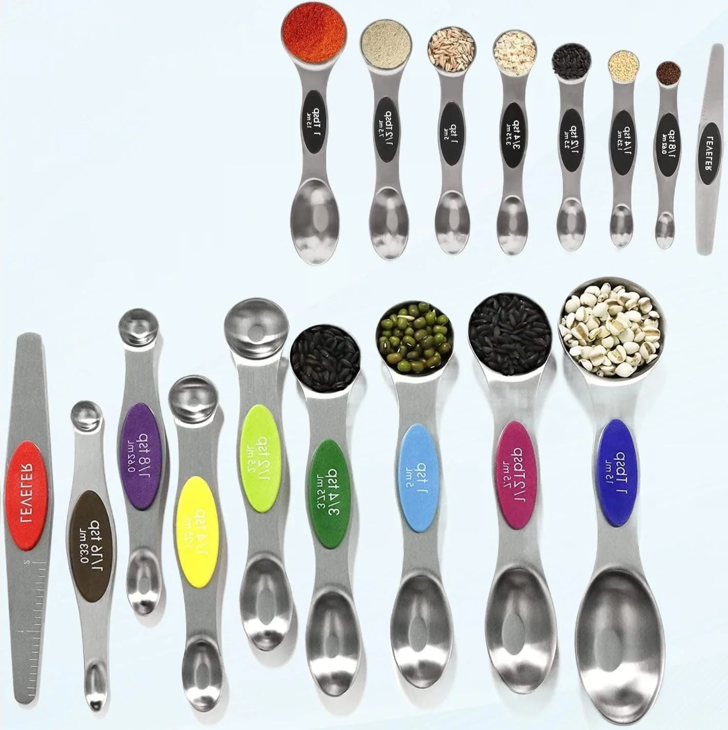 Magnetic Measuring Spoons Set Stainless Steel with Leveler-9Pcs Multicolors Measuring Cups Set for Baking, Measuring Cups and Spoon Set Kitchen Gadgets Apartment Essentials Fits in Spice Jars