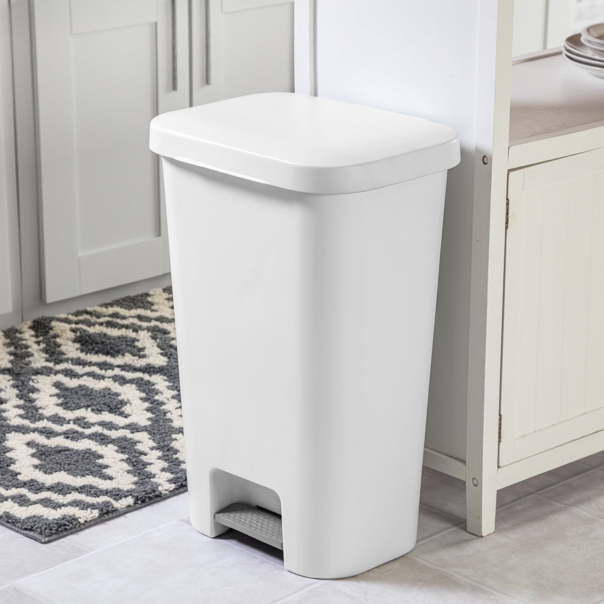 11.9 Gallon Stepon Rectangular Trash Can, Large Hands-Free Open for Kitchen, White