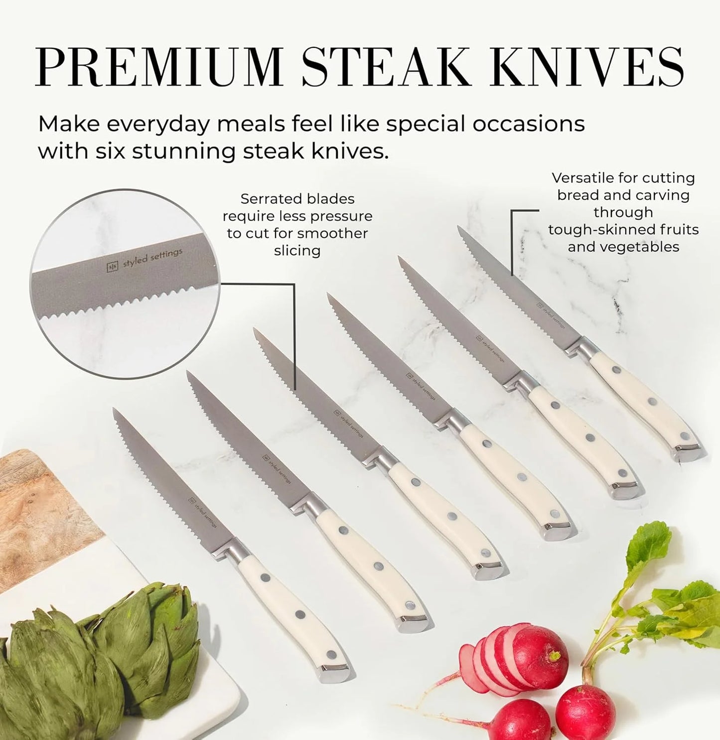 White Stainless Steel Knife Set with Walnut Block with Sharpener