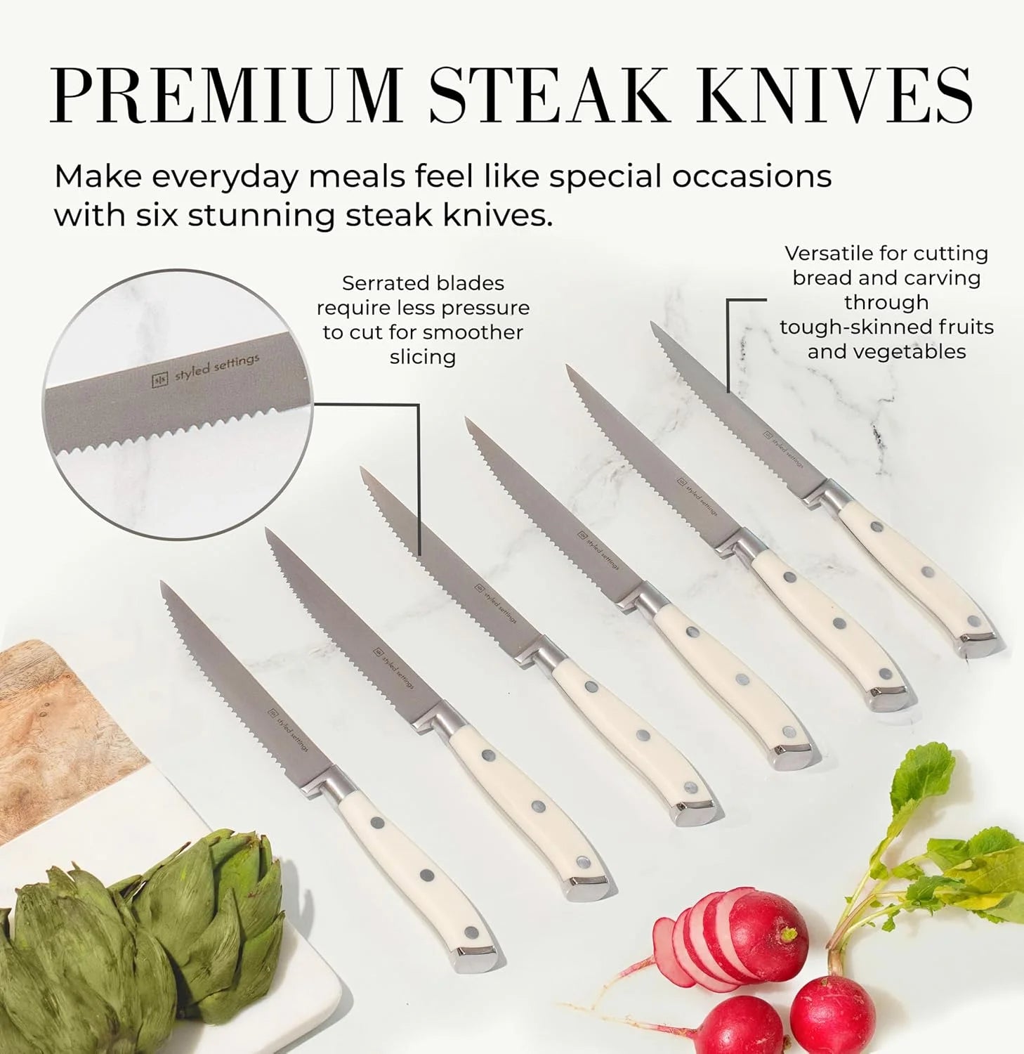 White Stainless Steel Knife Set with Walnut Block with Sharpener
