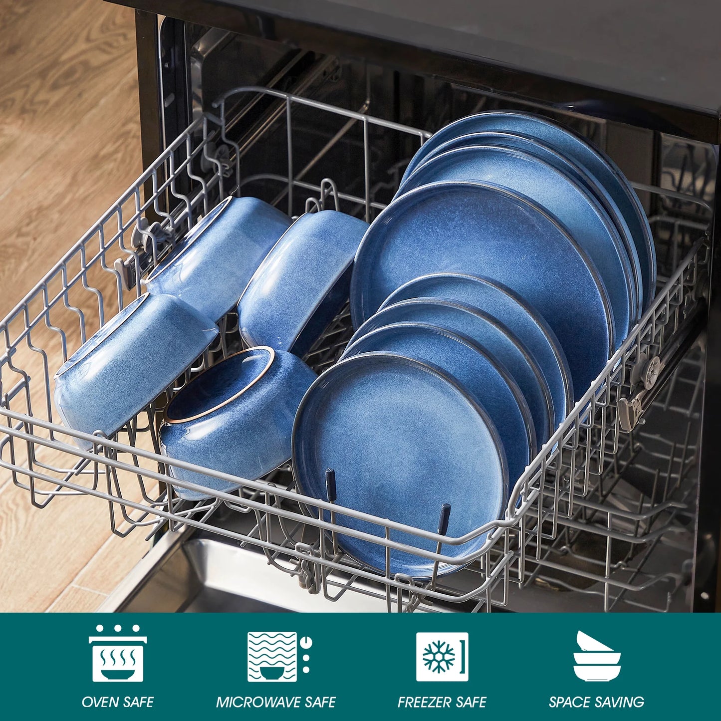 Malacasa 16 Pcs Dinnerware Sets, Stoneware Plates and Bowls Set, Tableware Dishwasher Microwave Safe, Serves for 4 People, Blue