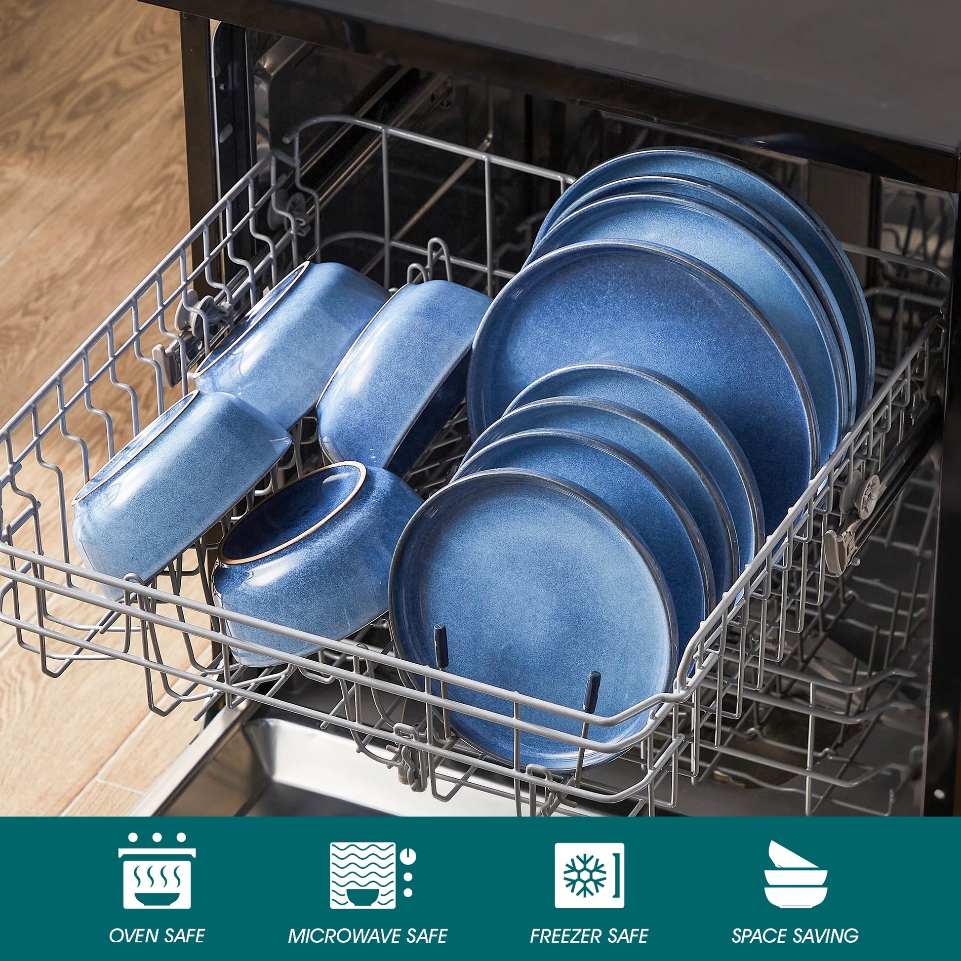 Malacasa 16 Pcs Dinnerware Sets, Stoneware Plates and Bowls Set, Tableware Dishwasher Microwave Safe, Serves for 4 People, Blue