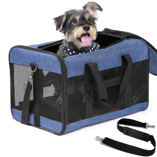Large Pet Carrier - Foldable Soft-Sided Travel Carrier with Safety Leash for Large Cats and Dogs, Blue