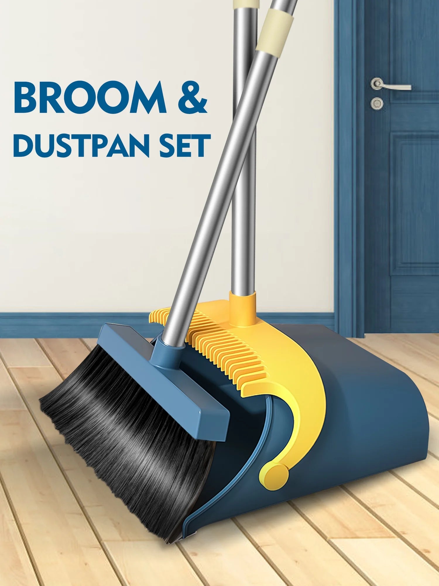 Upgrade Broom and Dustpan Set for Home,Self-Cleaning with Dustpan Teeth,51.2In,Stand Up,Blue