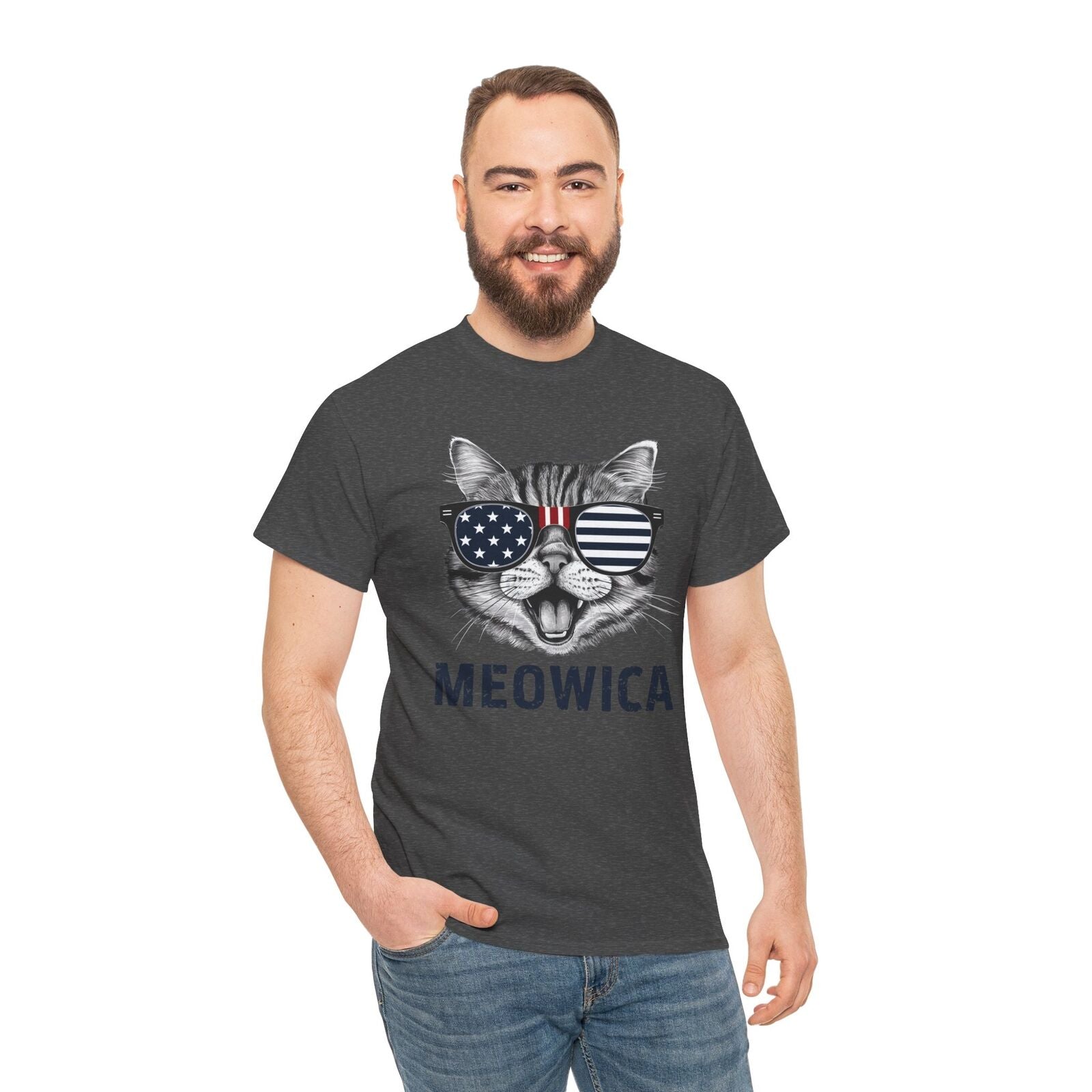 4Th of July Meowica American Flag USA T-Shirt - Novelty Cat Graphic Tee