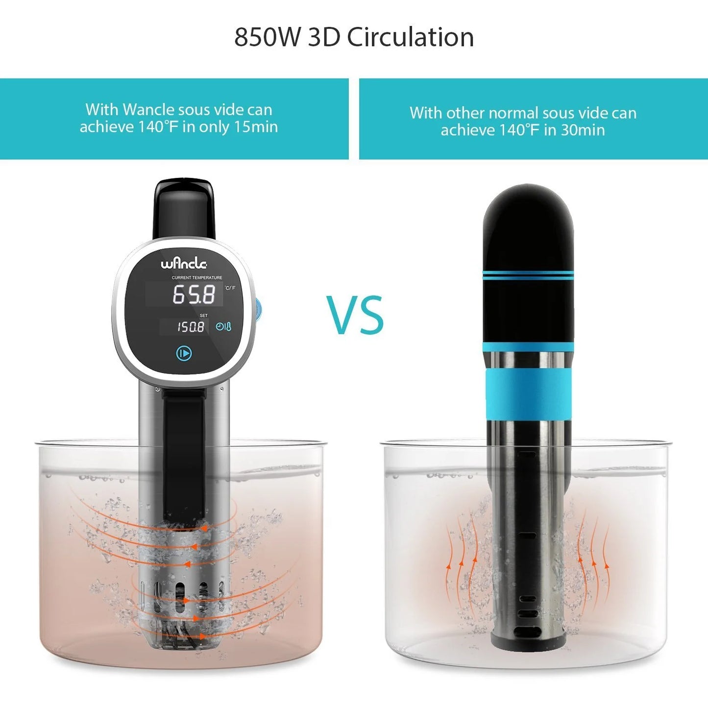 Sous Vide Cooker,  Thermal Immersion Circulator, with Recipe E-Cookbook, Accurate Temperature Digital Timer, Ultra-Quiet, 850 Watts, 120V, Stainless Steel/Black